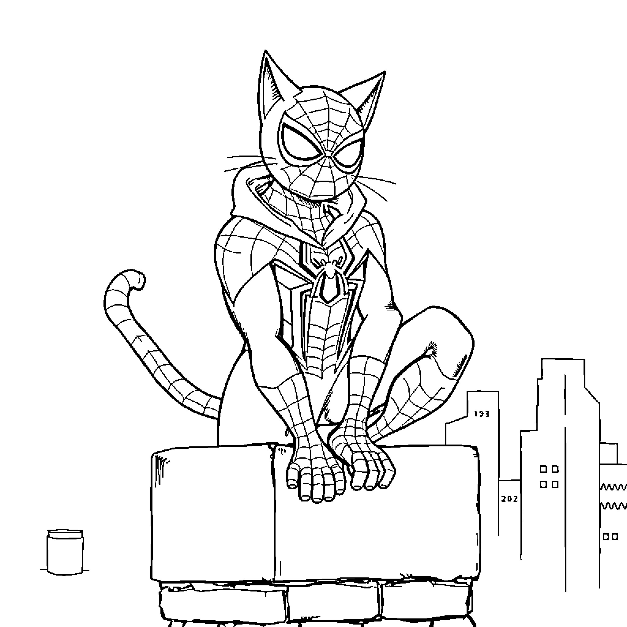 Cat superhero on city rooftop Coloring Page (free black-and-white line drawing printable PDF for all, from beginners to advanced learners, including children, teens, adults, and seniors)