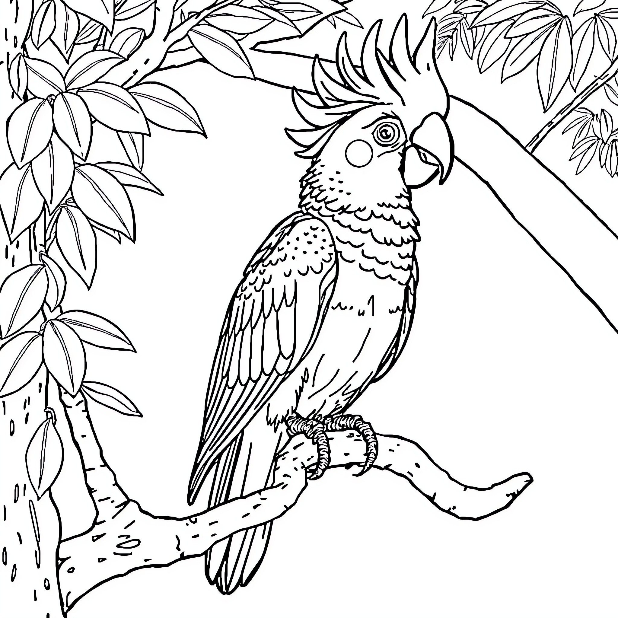 Cockatoo perched on branch in lush foliage Coloring Page (free black-and-white line drawing printable PDF for all, from beginners to advanced learners, including children, teens, adults, and seniors)