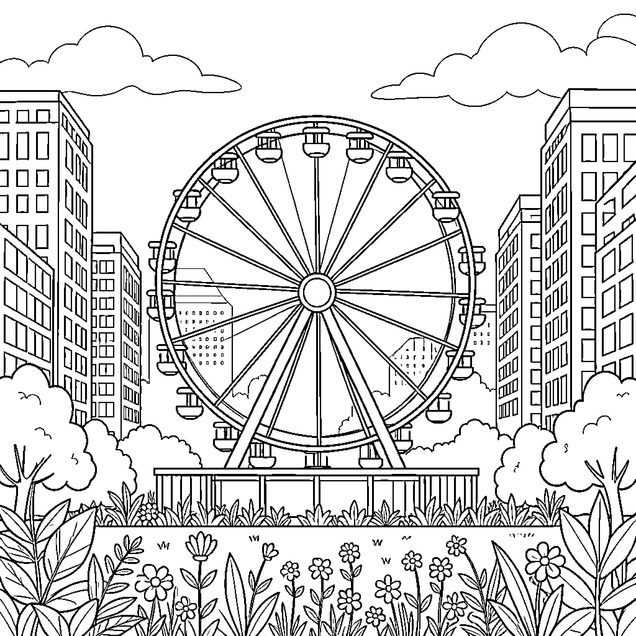 Rueda de la Fortuna standing amidst a city skyline Coloring Page (free black-and-white line drawing printable PDF for all, from beginners to advanced learners, including children, teens, adults, and seniors)