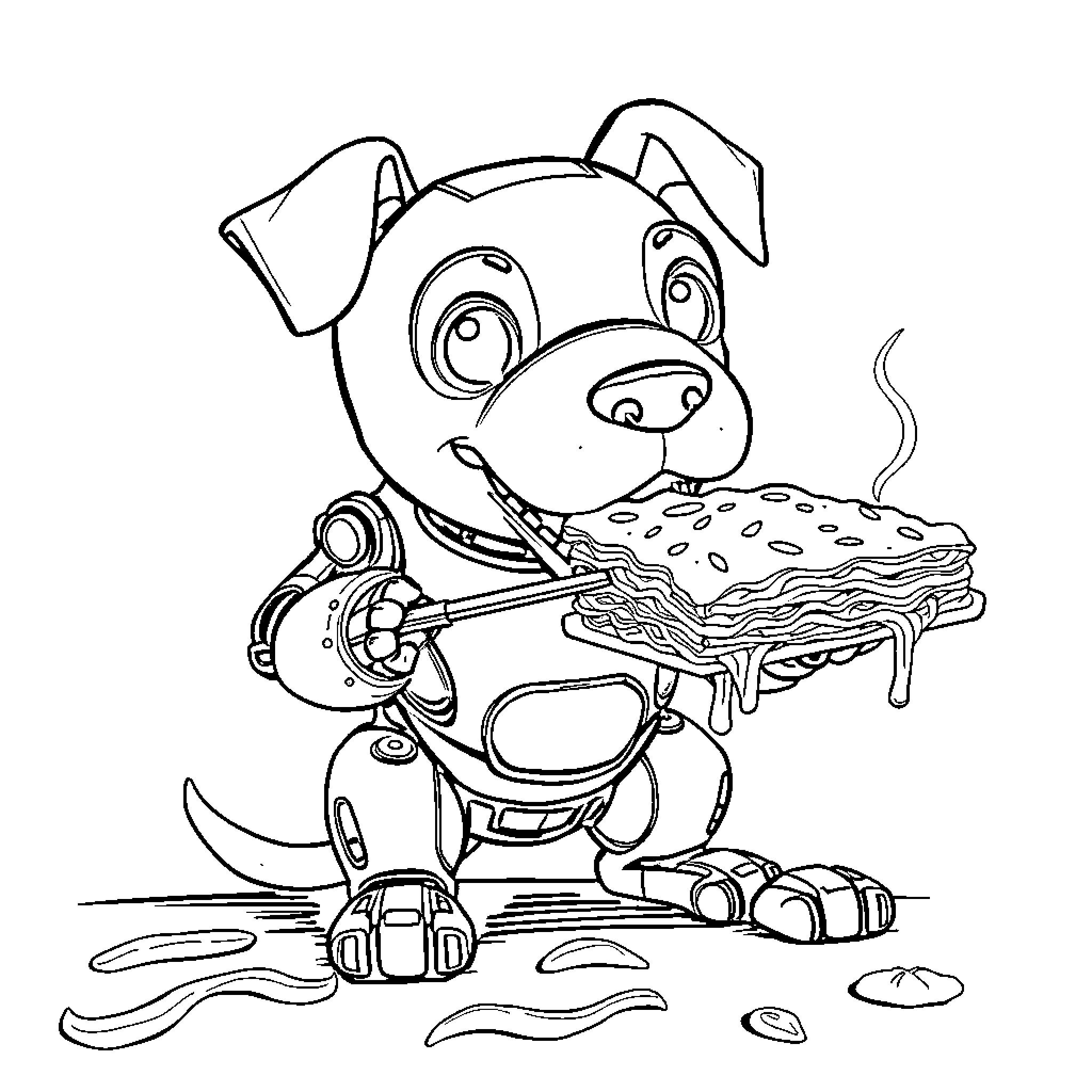 Robot Dog Eating a Delicious Sandwich Coloring Page (free black-and-white line drawing printable PDF for all, from beginners to advanced learners, including children, teens, adults, and seniors)