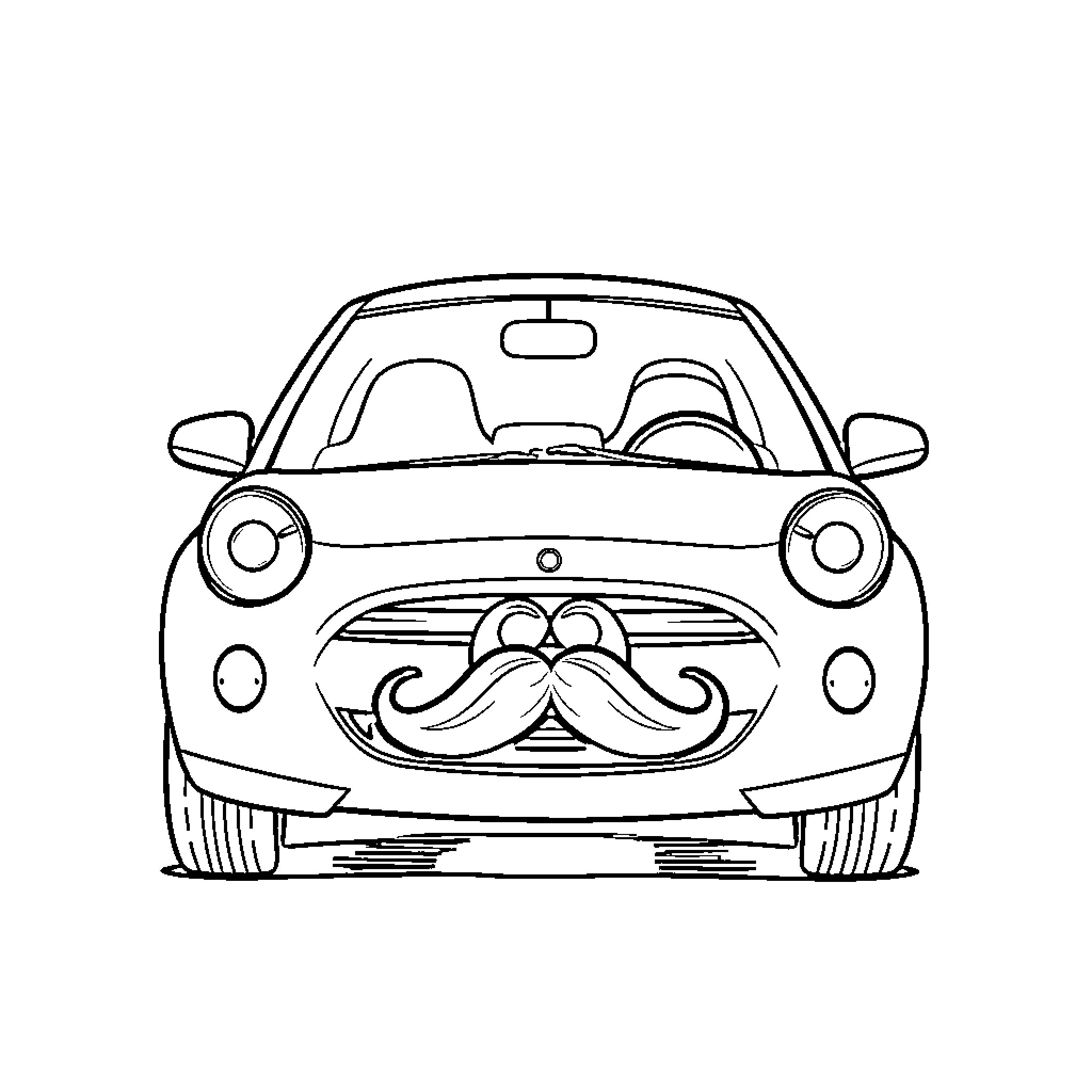 Hatchback with whimsical mustache design Coloring Page (free black-and-white line drawing printable PDF for all, from beginners to advanced learners, including children, teens, adults, and seniors)