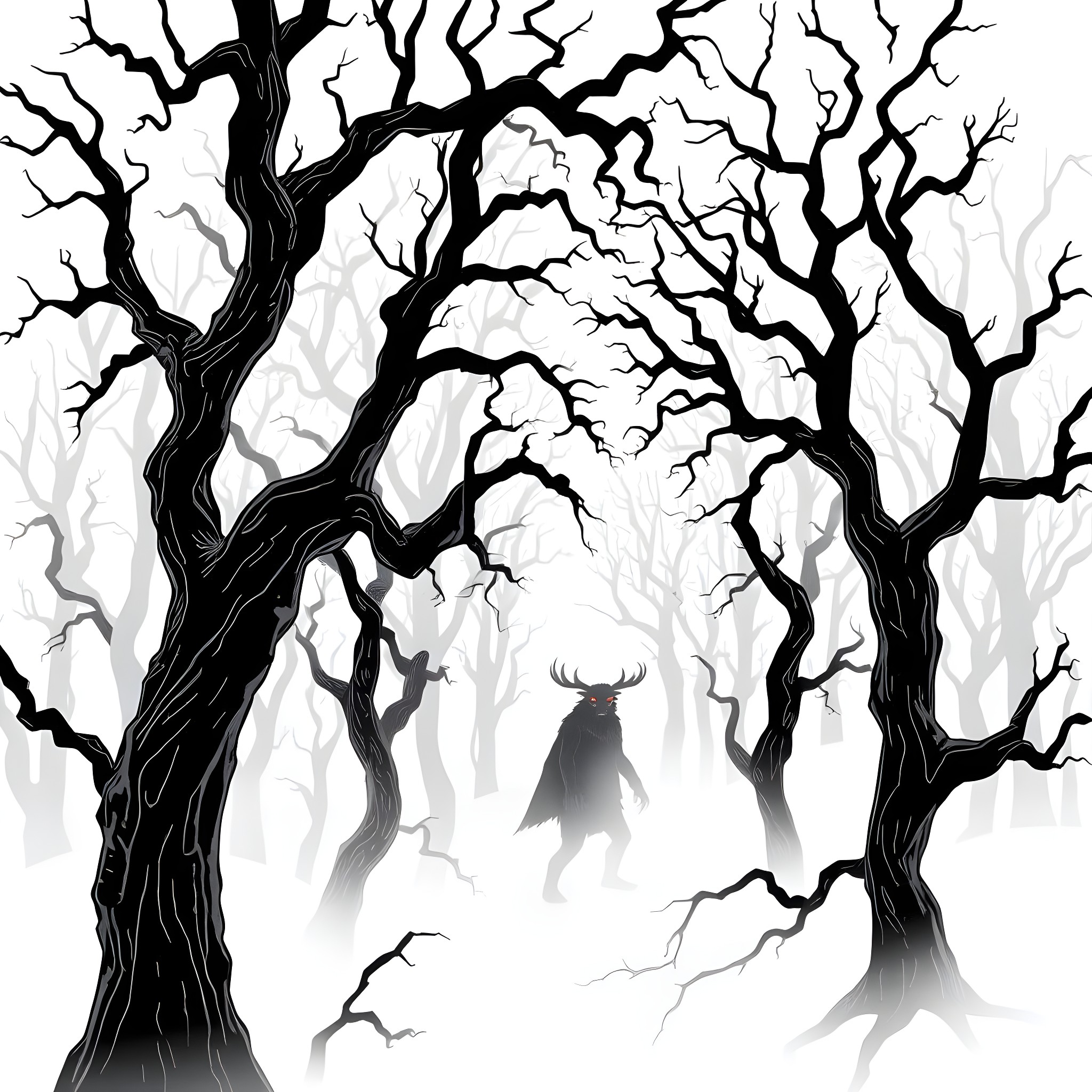 Wendigo stalking through the twisted, haunted forest Coloring Page (free black-and-white line drawing printable PDF for all, from beginners to advanced learners, including children, teens, adults, and seniors)