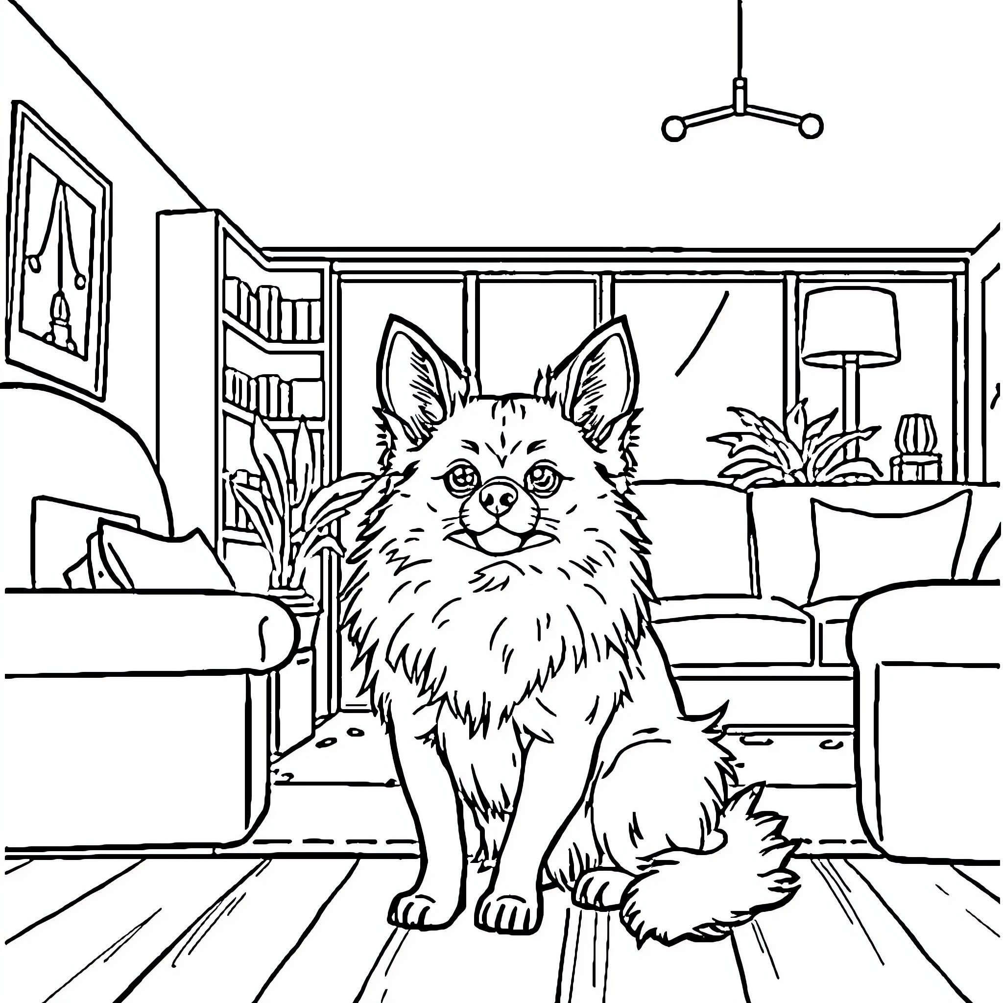 Pomeranian sitting attentively in a cozy home Coloring Page (free black-and-white line drawing printable PDF for all, from beginners to advanced learners, including children, teens, adults, and seniors)