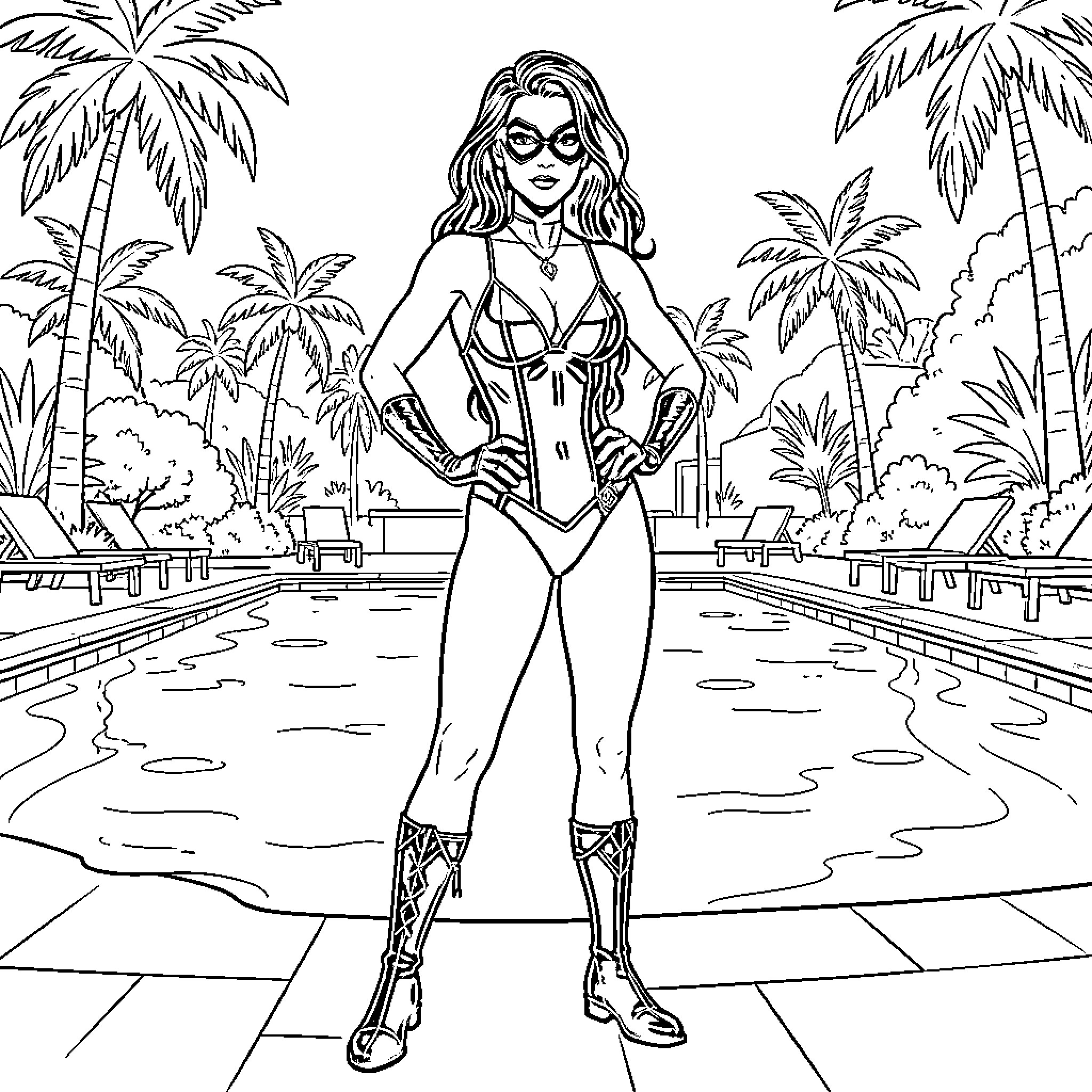 Black Widow's Secret Tropical Mission Coloring Page (free black-and-white line drawing printable PDF for all, from beginners to advanced learners, including children, teens, adults, and seniors)