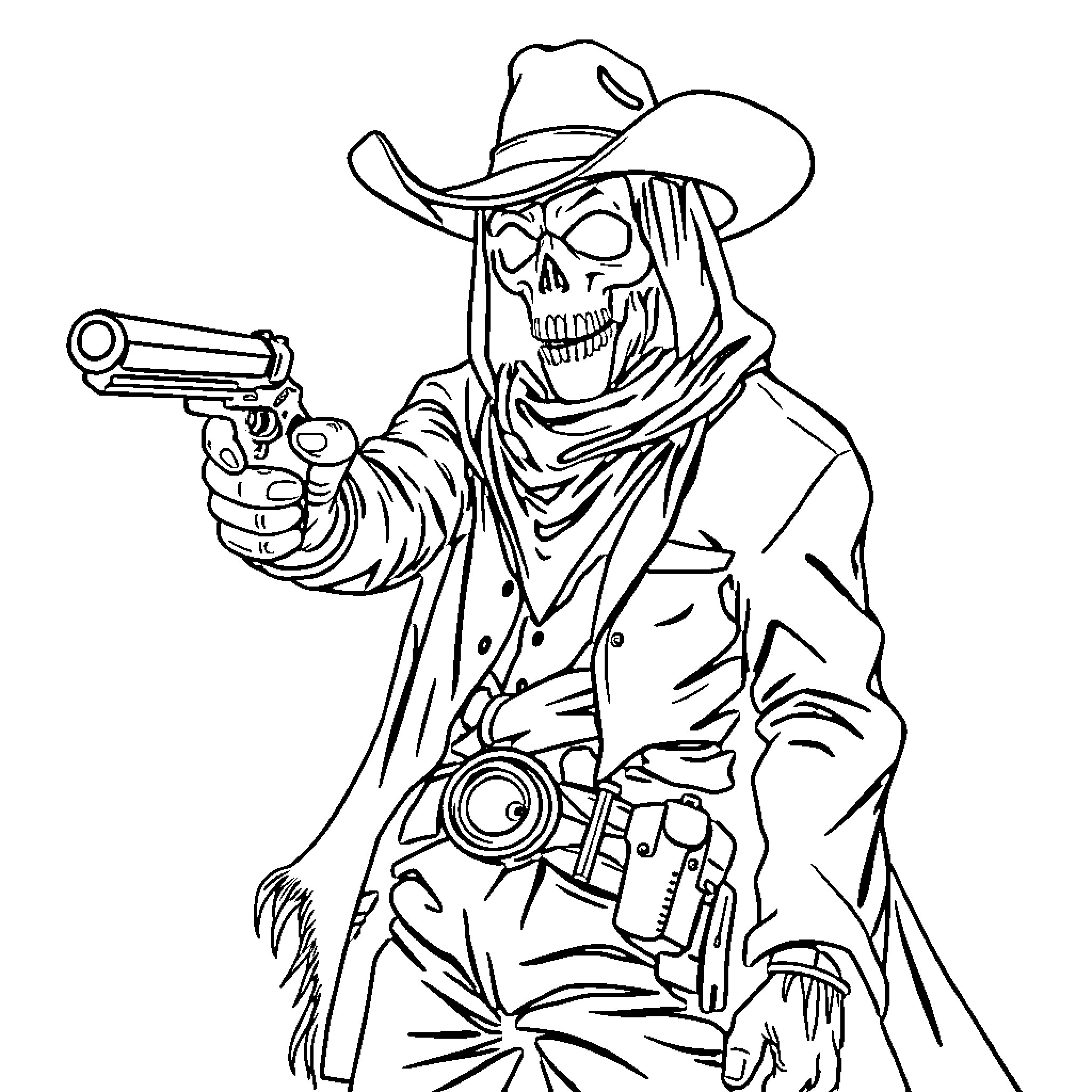 Ghost Gunslinger Wielding Revolver in Cowboy Outfit Coloring Page (free black-and-white line drawing printable PDF for all, from beginners to advanced learners, including children, teens, adults, and seniors)