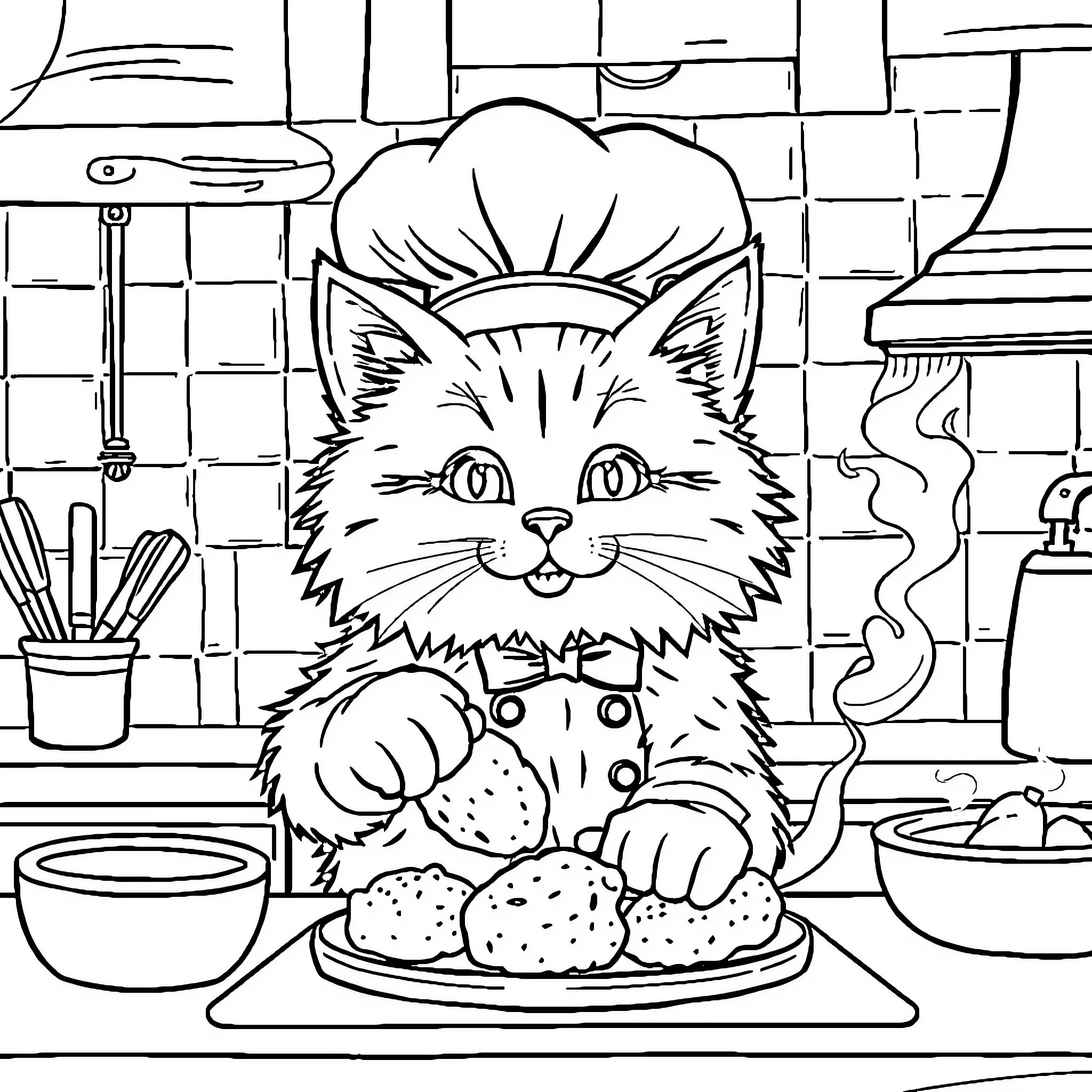 Cat chef cooking in the kitchen Coloring Page (free black-and-white line drawing printable PDF for all, from beginners to advanced learners, including children, teens, adults, and seniors)