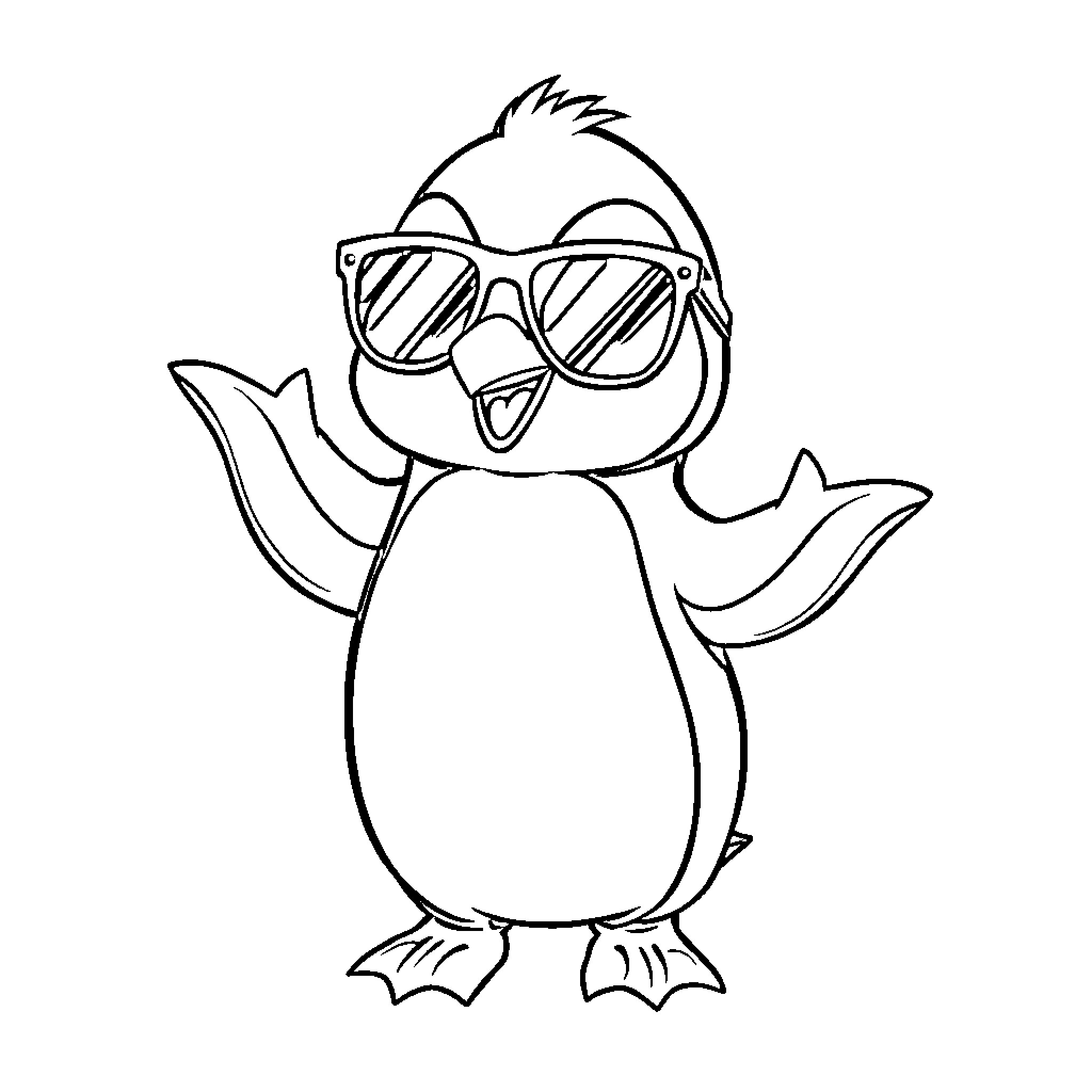 Penguin wearing sunglasses and smiling Coloring Page (free black-and-white line drawing printable PDF for all, from beginners to advanced learners, including children, teens, adults, and seniors)