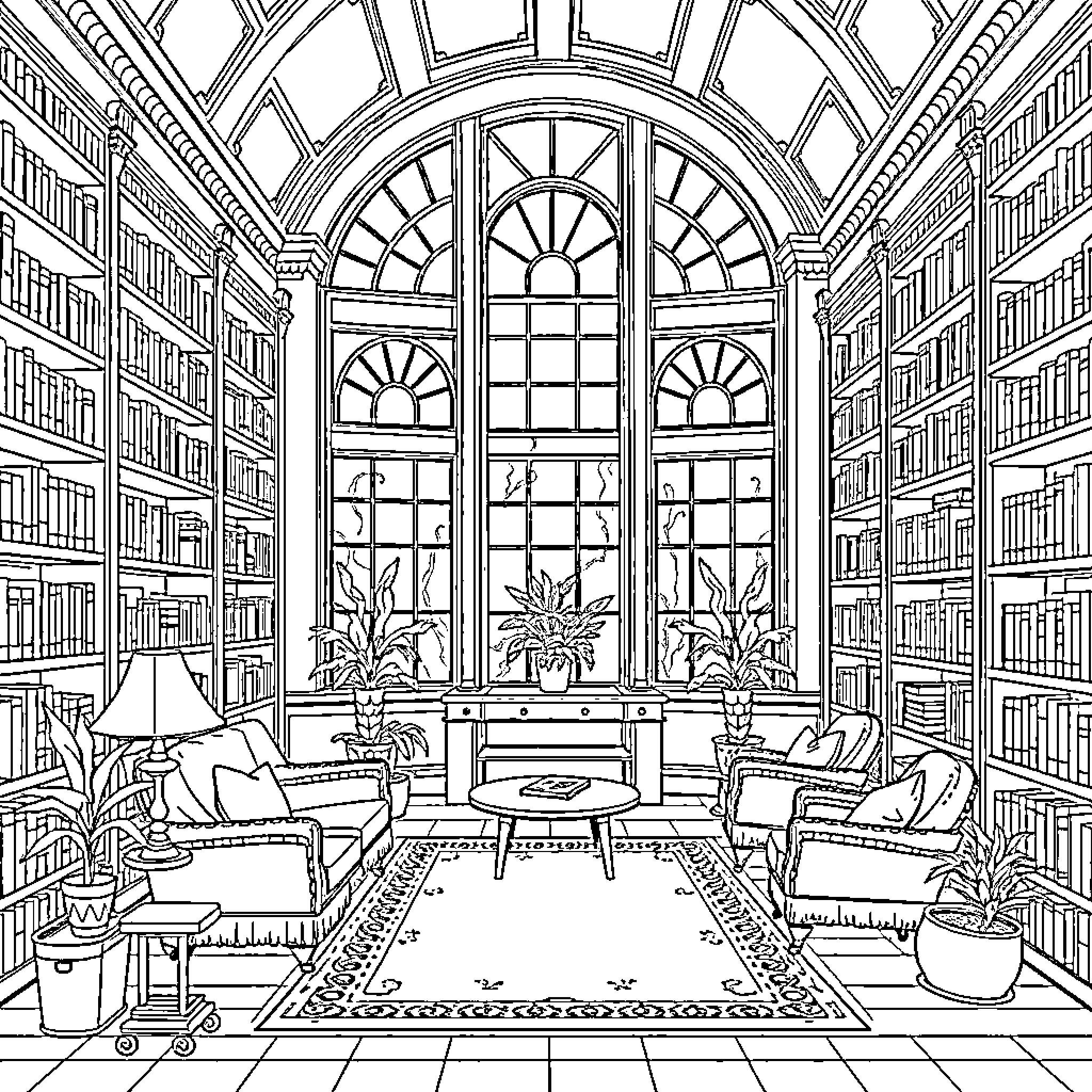 Library of elegant interior with arched windows Coloring Page (free black-and-white line drawing printable PDF for all, from beginners to advanced learners, including children, teens, adults, and seniors)