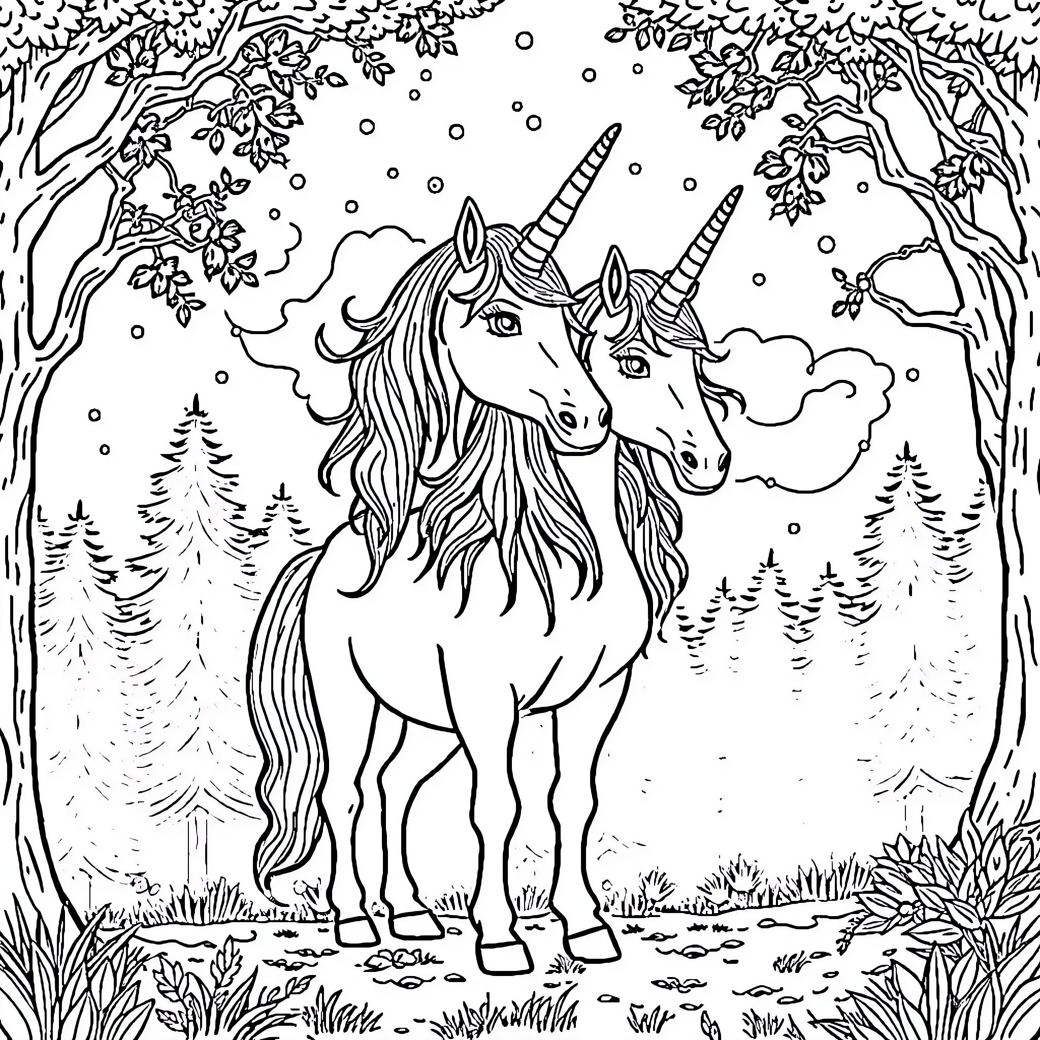 Unicorn duo in enchanted winter forest Coloring Page (free black-and-white line drawing printable PDF for all, from beginners to advanced learners, including children, teens, adults, and seniors)