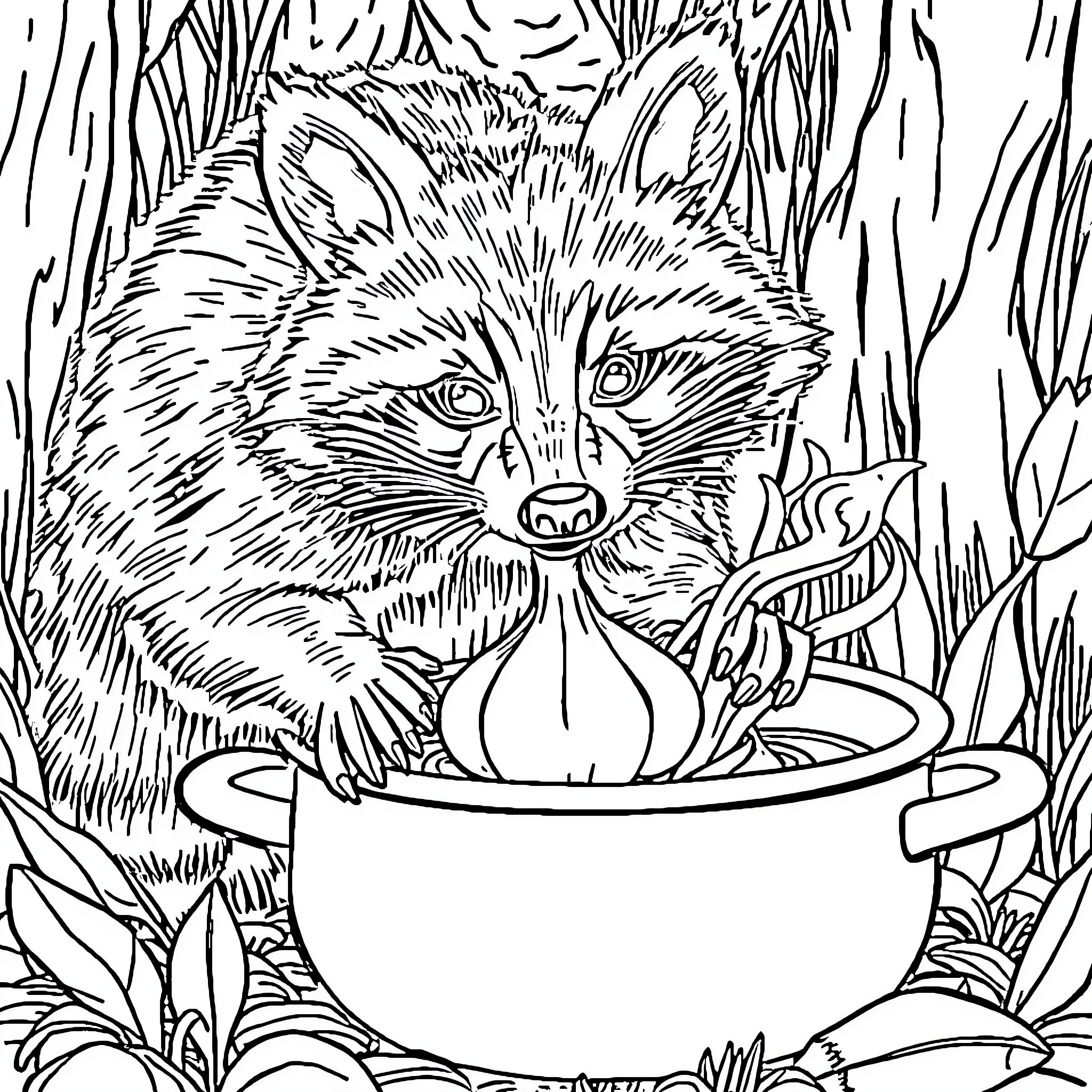 Raccoon enjoying a meal in the wild Coloring Page (free black-and-white line drawing printable PDF for all, from beginners to advanced learners, including children, teens, adults, and seniors)