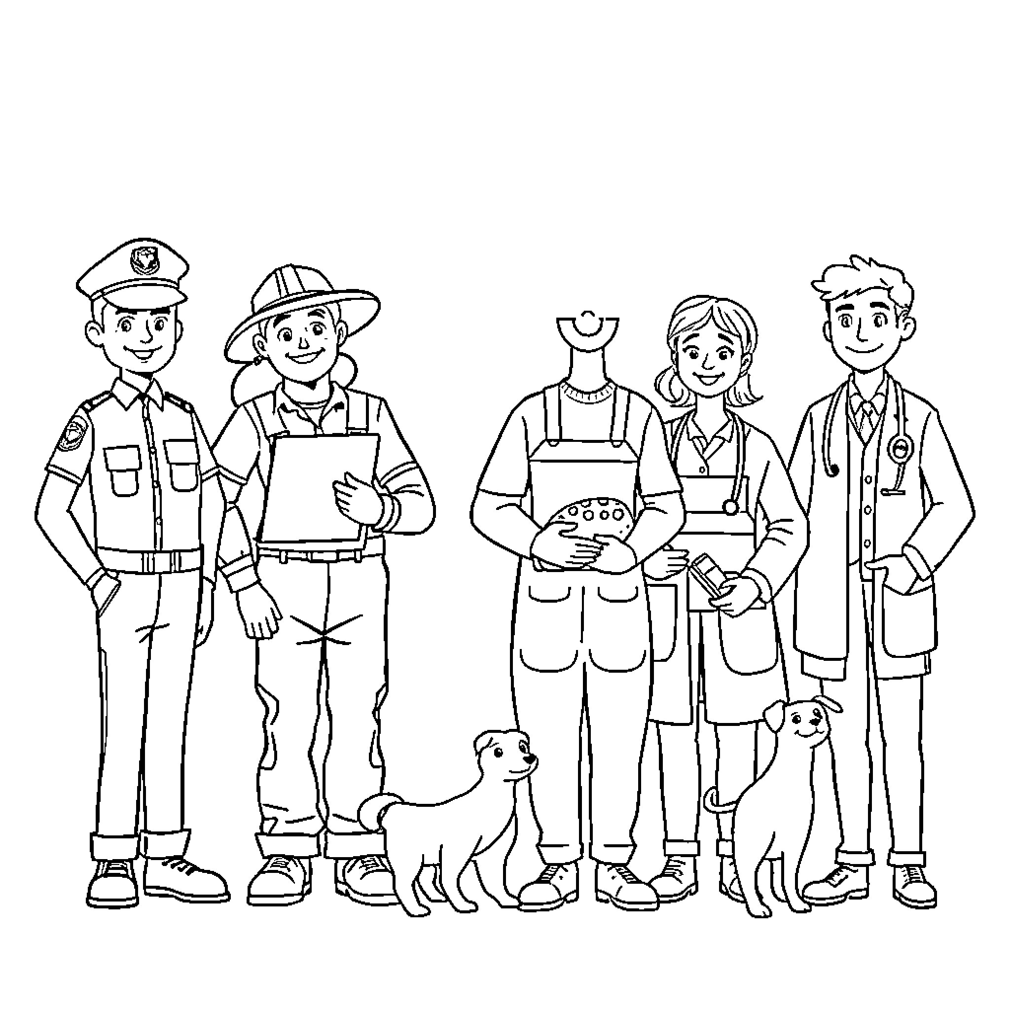 Profession - Community members in various occupations Coloring Page (free black-and-white line drawing printable PDF for all, from beginners to advanced learners, including children, teens, adults, and seniors)