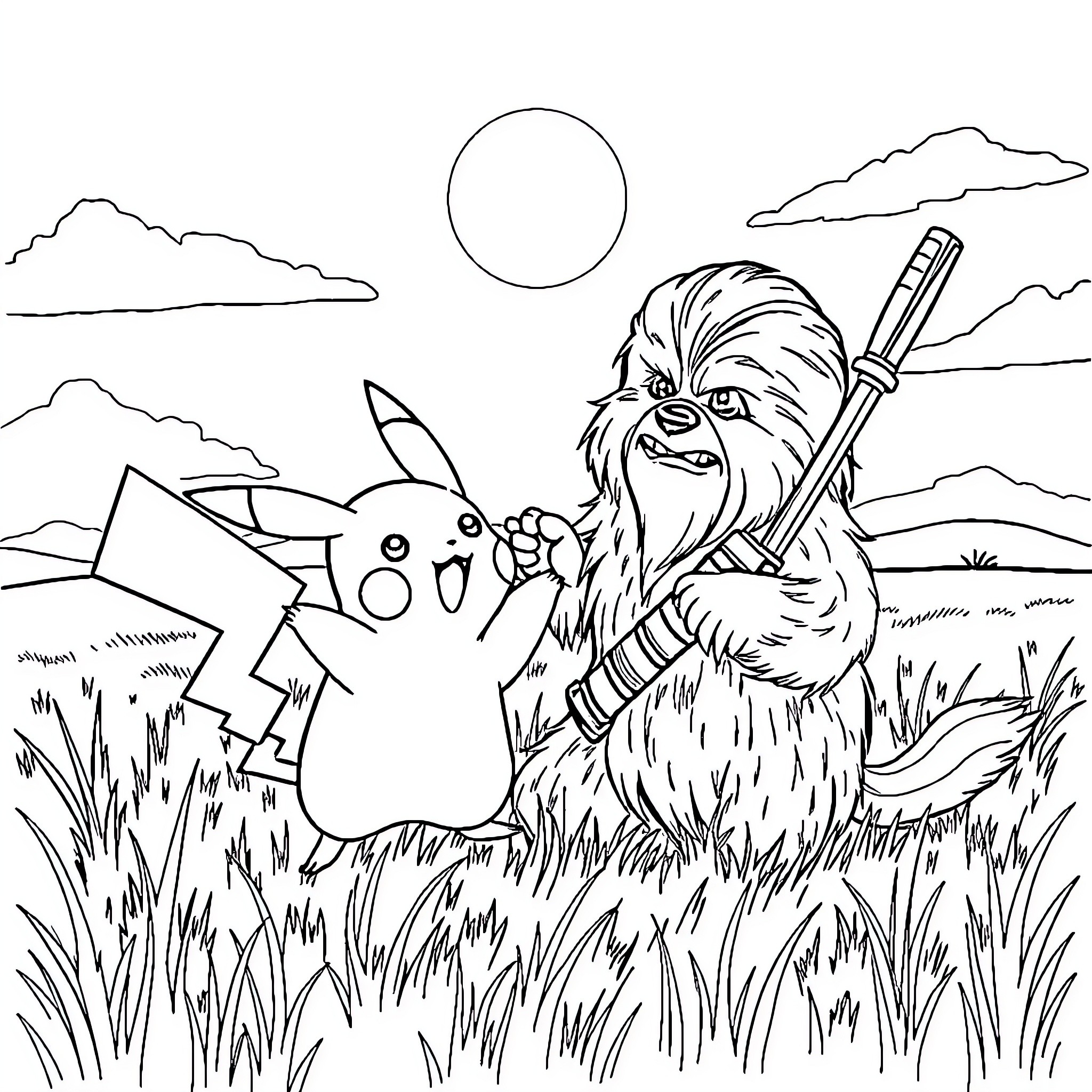 Pikachu and Chewbacca in an adventure Coloring Page (free black-and-white line drawing printable PDF for all, from beginners to advanced learners, including children, teens, adults, and seniors)