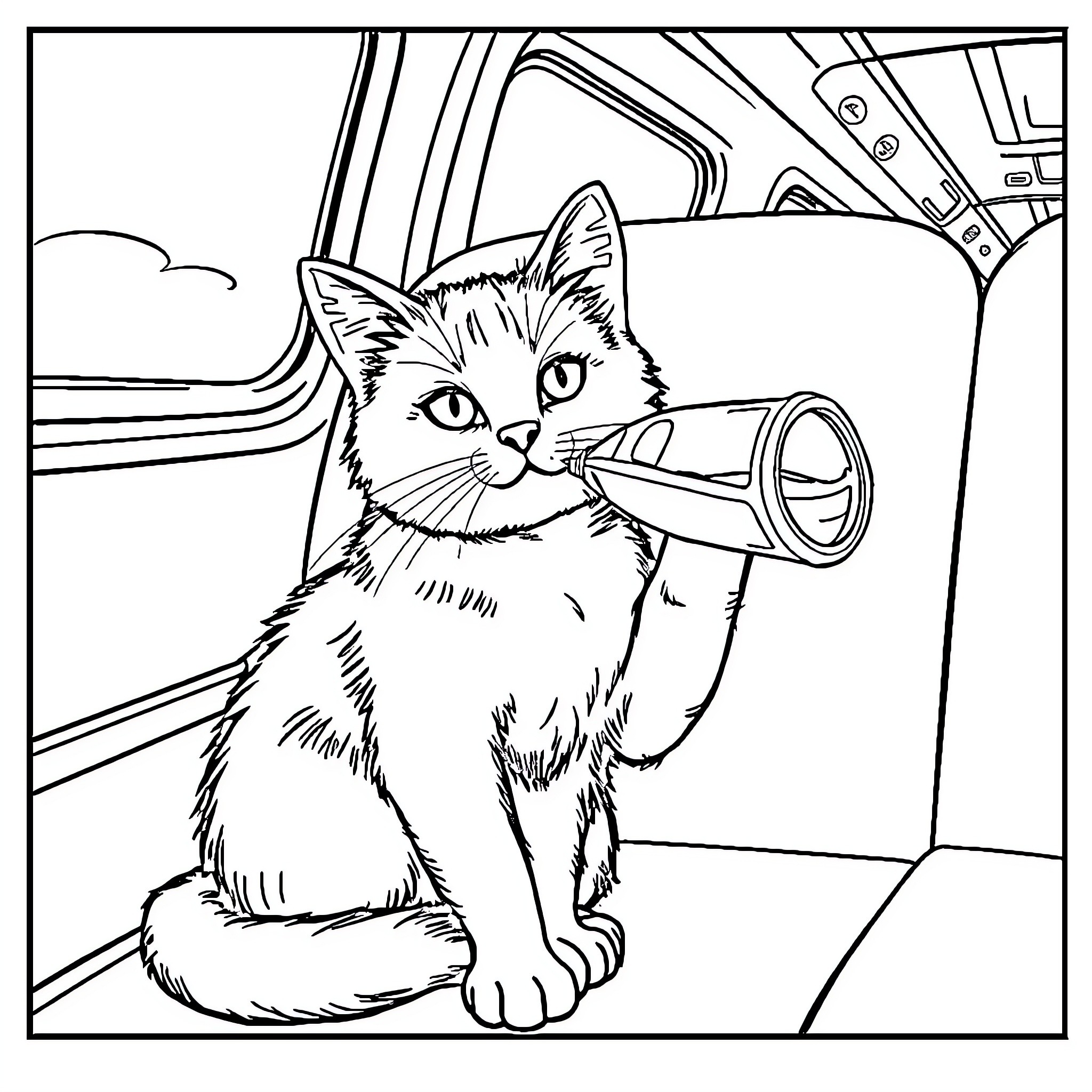 Cat exploring the inside of a vehicle Coloring Page (free black-and-white line drawing printable PDF for all, from beginners to advanced learners, including children, teens, adults, and seniors)