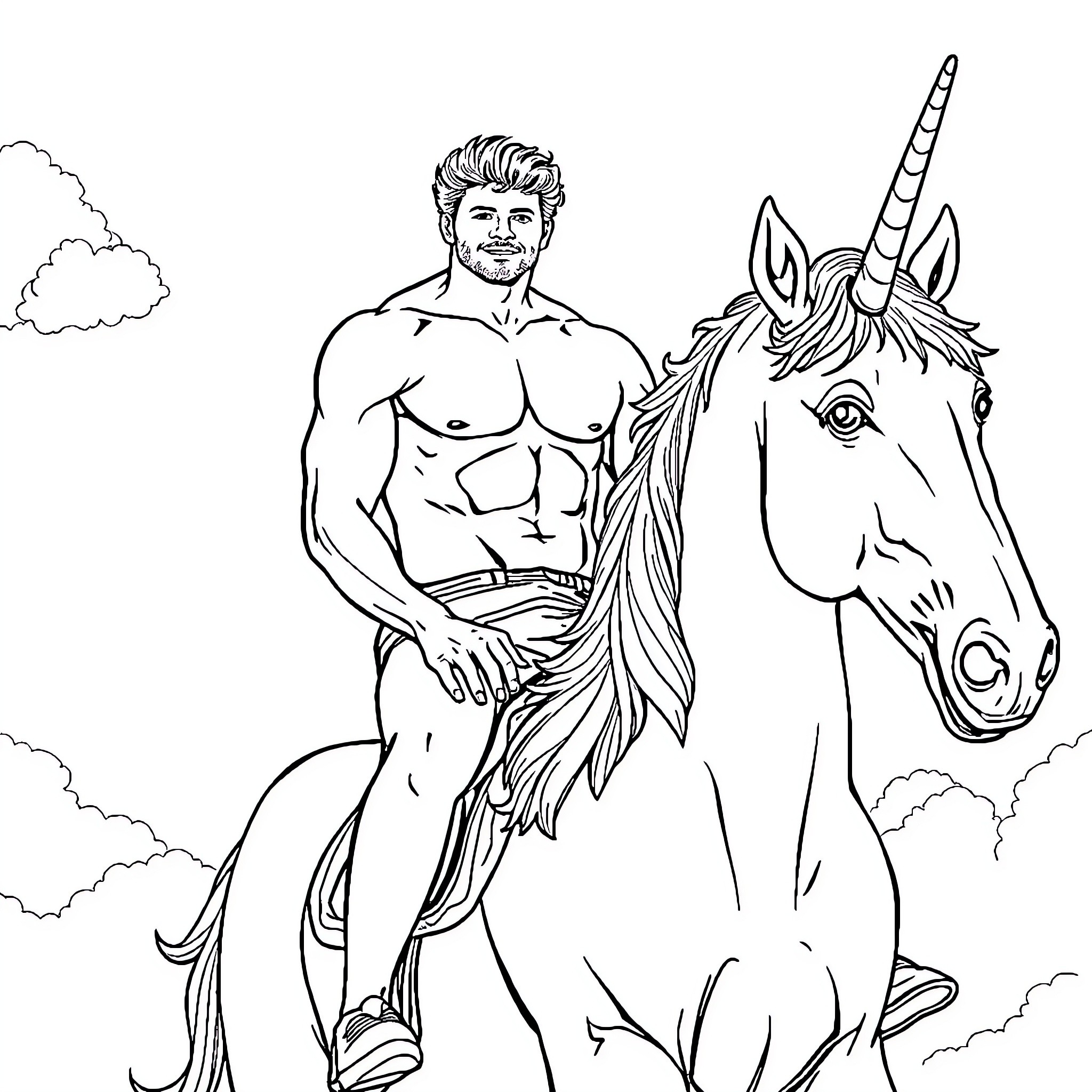 Pedro Pascal riding a mythical unicorn Coloring Page (free black-and-white line drawing printable PDF for all, from beginners to advanced learners, including children, teens, adults, and seniors)