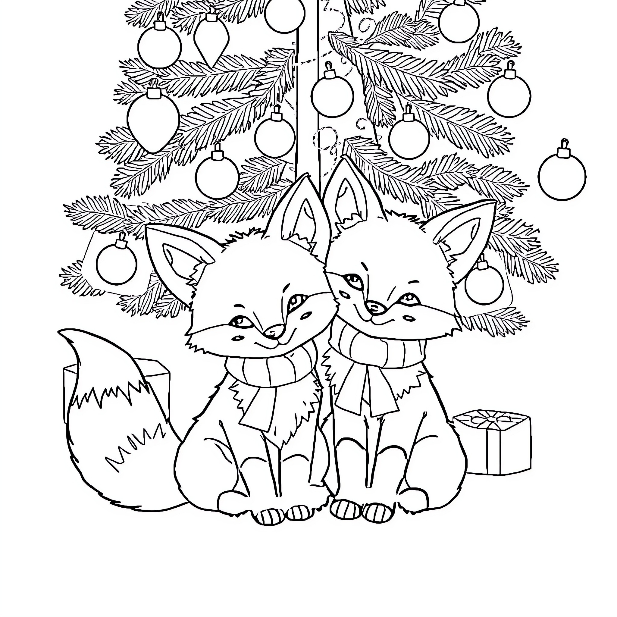 Fennec Foxes Enjoying Christmas Tree Coloring Page (free black-and-white line drawing printable PDF for all, from beginners to advanced learners, including children, teens, adults, and seniors)