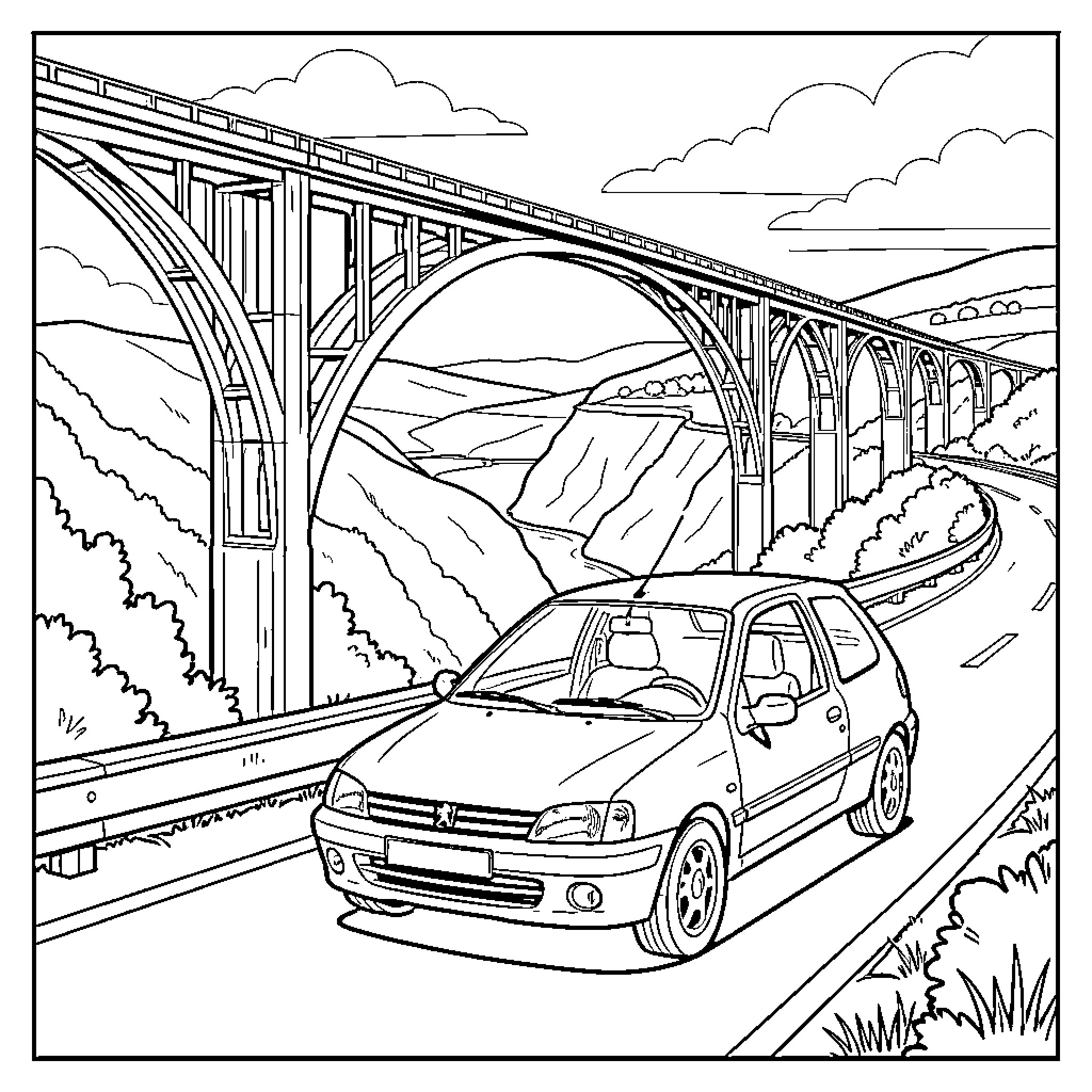 Peugeot driving along a scenic road near a bridge Coloring Page (free black-and-white line drawing printable PDF for all, from beginners to advanced learners, including children, teens, adults, and seniors)