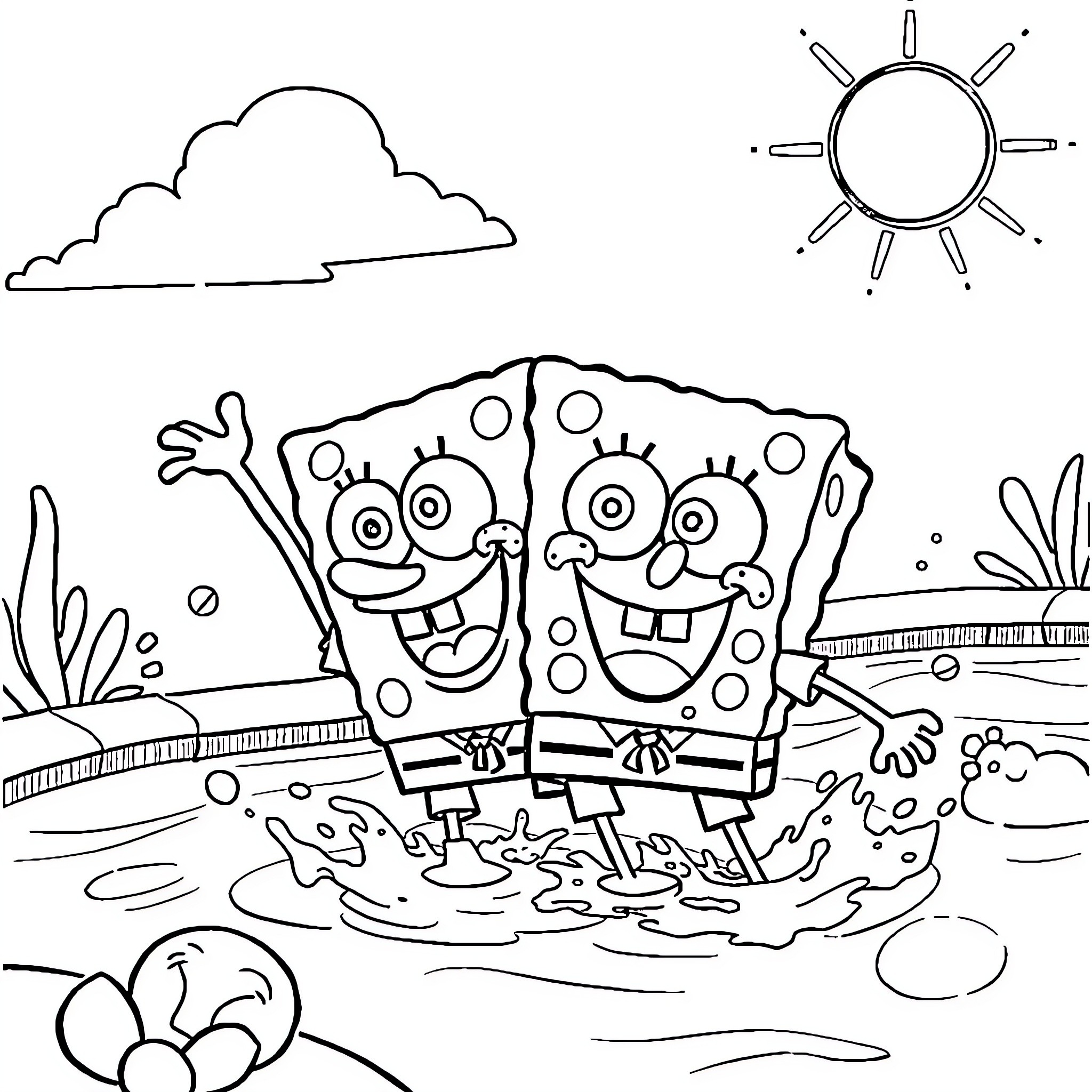 Bluey and friend playing in the water Coloring Page (free black-and-white line drawing printable PDF for all, from beginners to advanced learners, including children, teens, adults, and seniors)