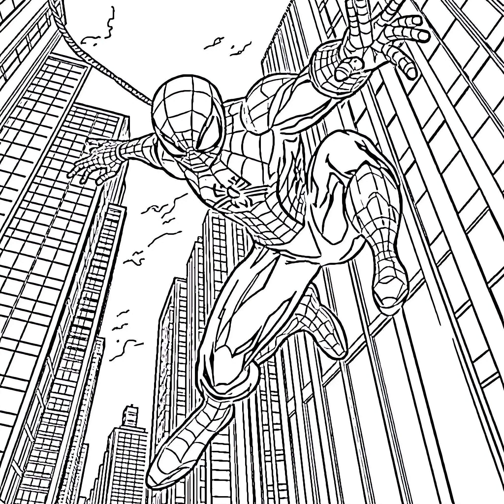Spider-Man swinging through the city Coloring Page (free black-and-white line drawing printable PDF for all, from beginners to advanced learners, including children, teens, adults, and seniors)