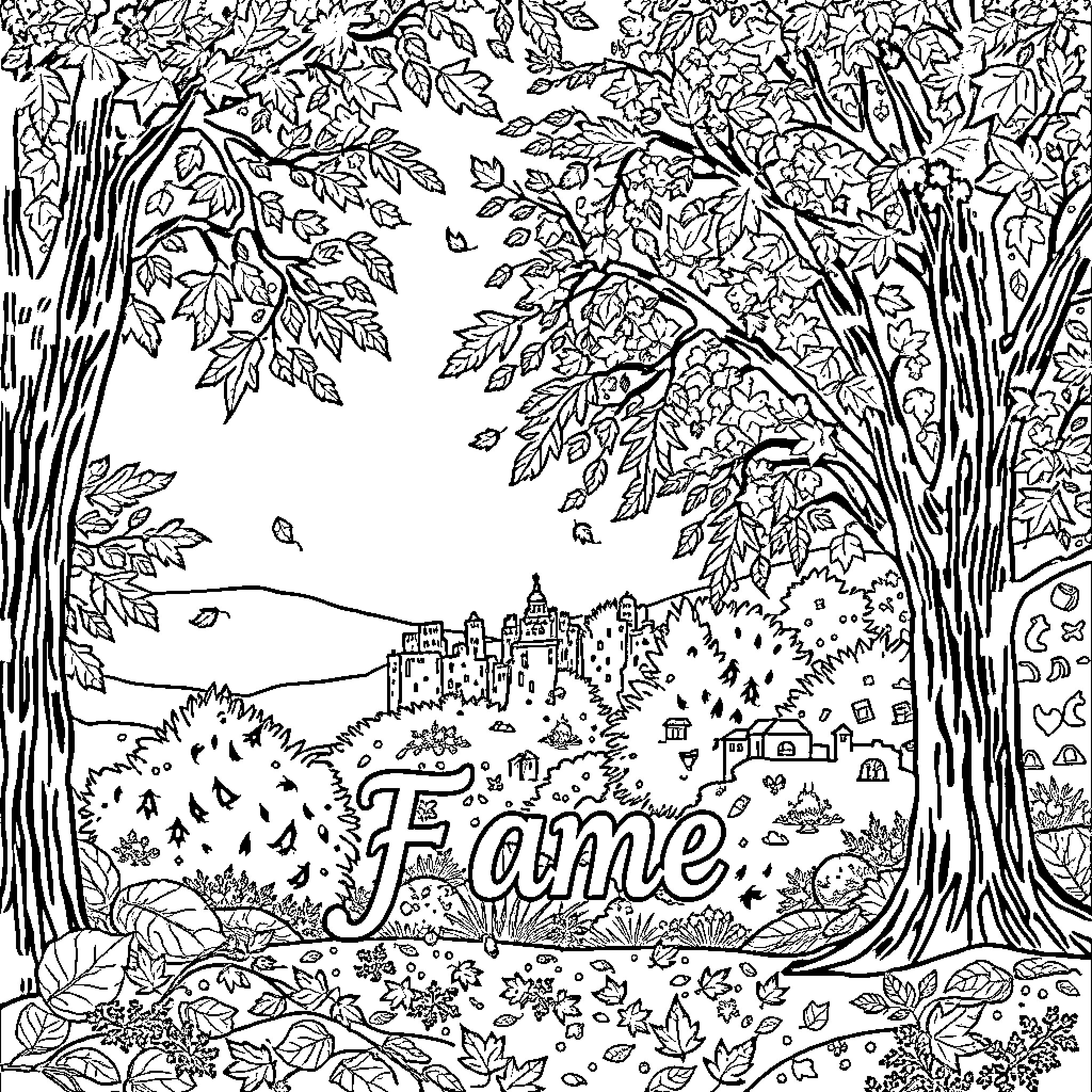 Fall Forest Scene with Charming Castle Coloring Page (free black-and-white line drawing printable PDF for all, from beginners to advanced learners, including children, teens, adults, and seniors)