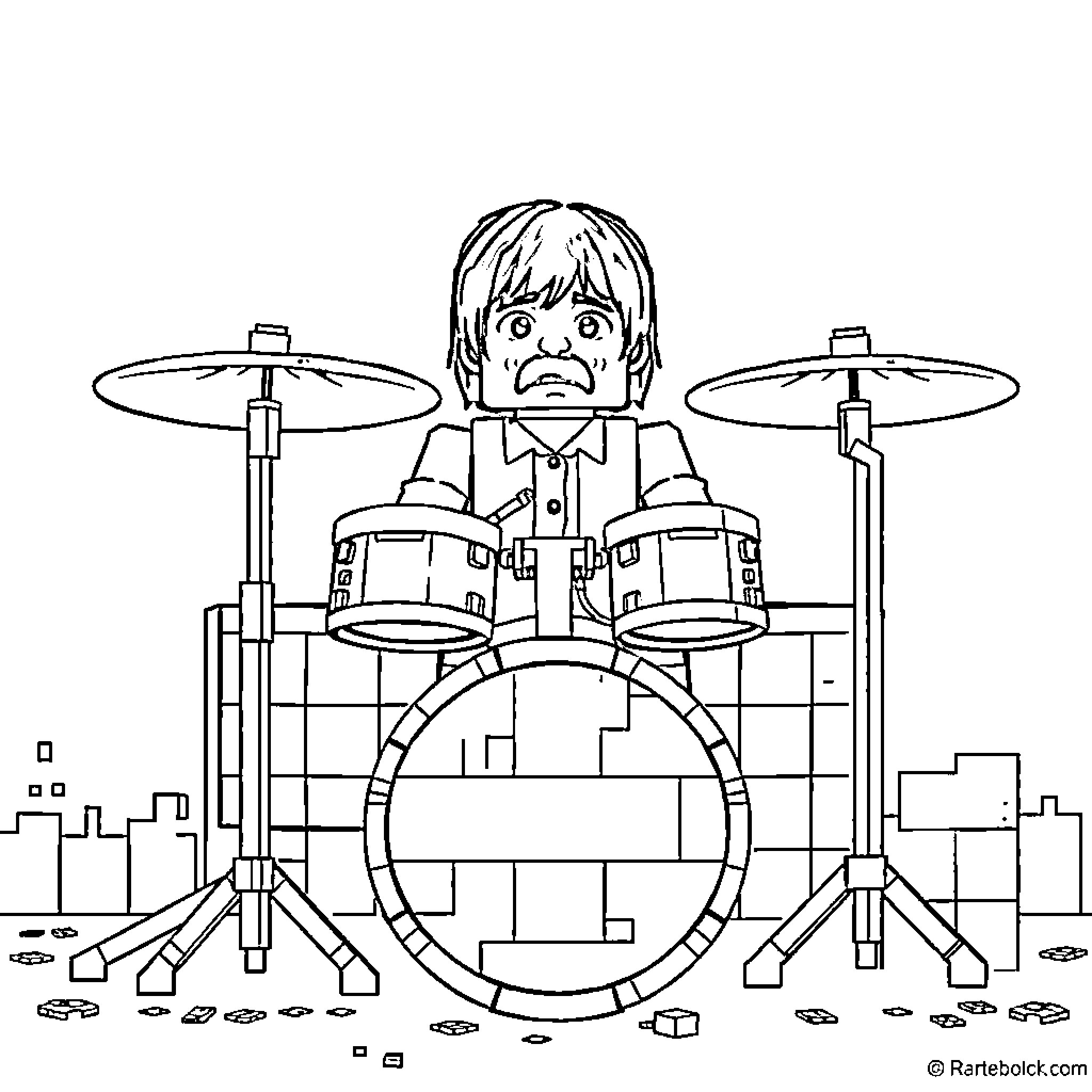 Ringo Starr Drumming Passionately on Stage Coloring Page (free black-and-white line drawing printable PDF for all, from beginners to advanced learners, including children, teens, adults, and seniors)