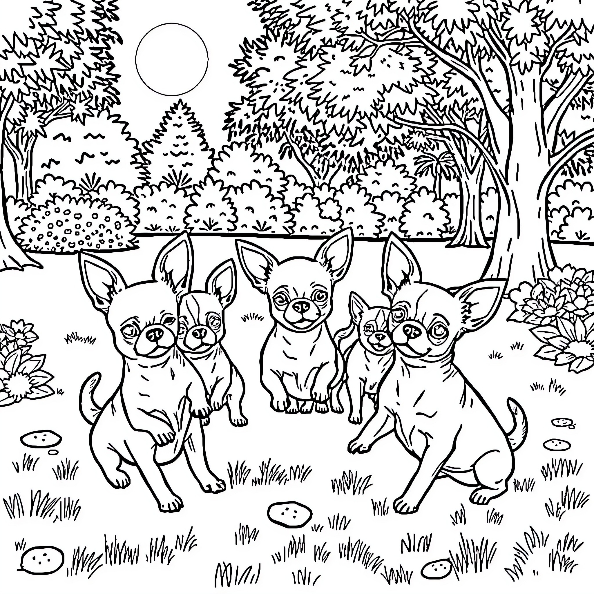 Chihuahuas playing joyfully in the garden Coloring Page (free black-and-white line drawing printable PDF for all, from beginners to advanced learners, including children, teens, adults, and seniors)