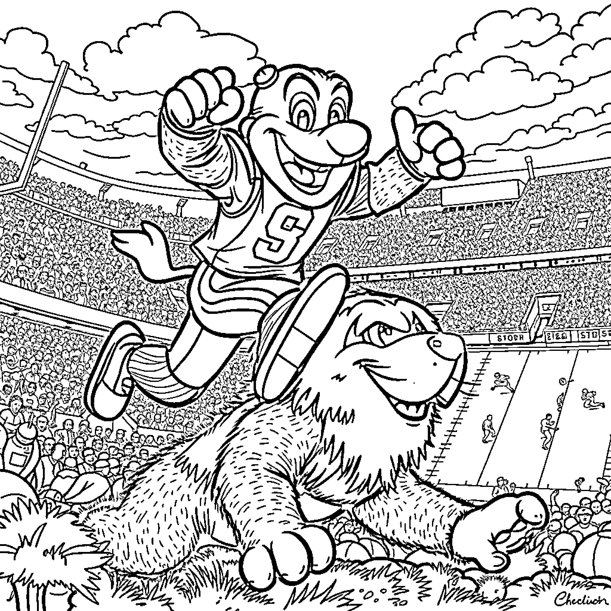 Buckeye player celebrates touchdown with team mascot Coloring Page (free black-and-white line drawing printable PDF for all, from beginners to advanced learners, including children, teens, adults, and seniors)