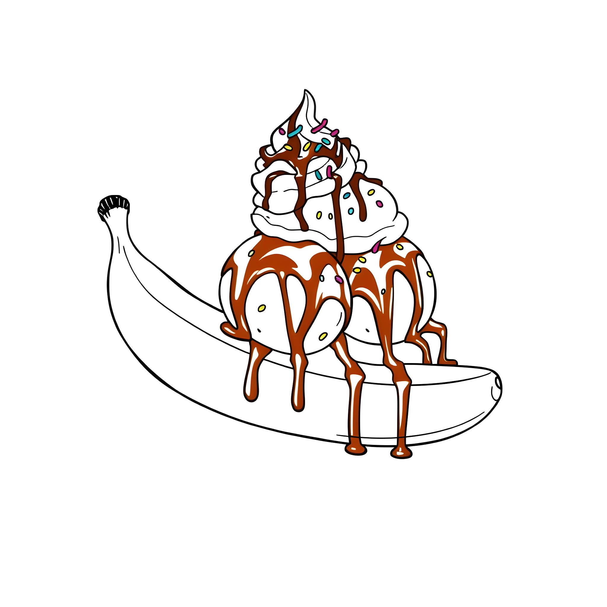 Banana Split with Whipped Cream and Chocolate Drizzle Coloring Page (free black-and-white line drawing printable PDF for all, from beginners to advanced learners, including children, teens, adults, and seniors)