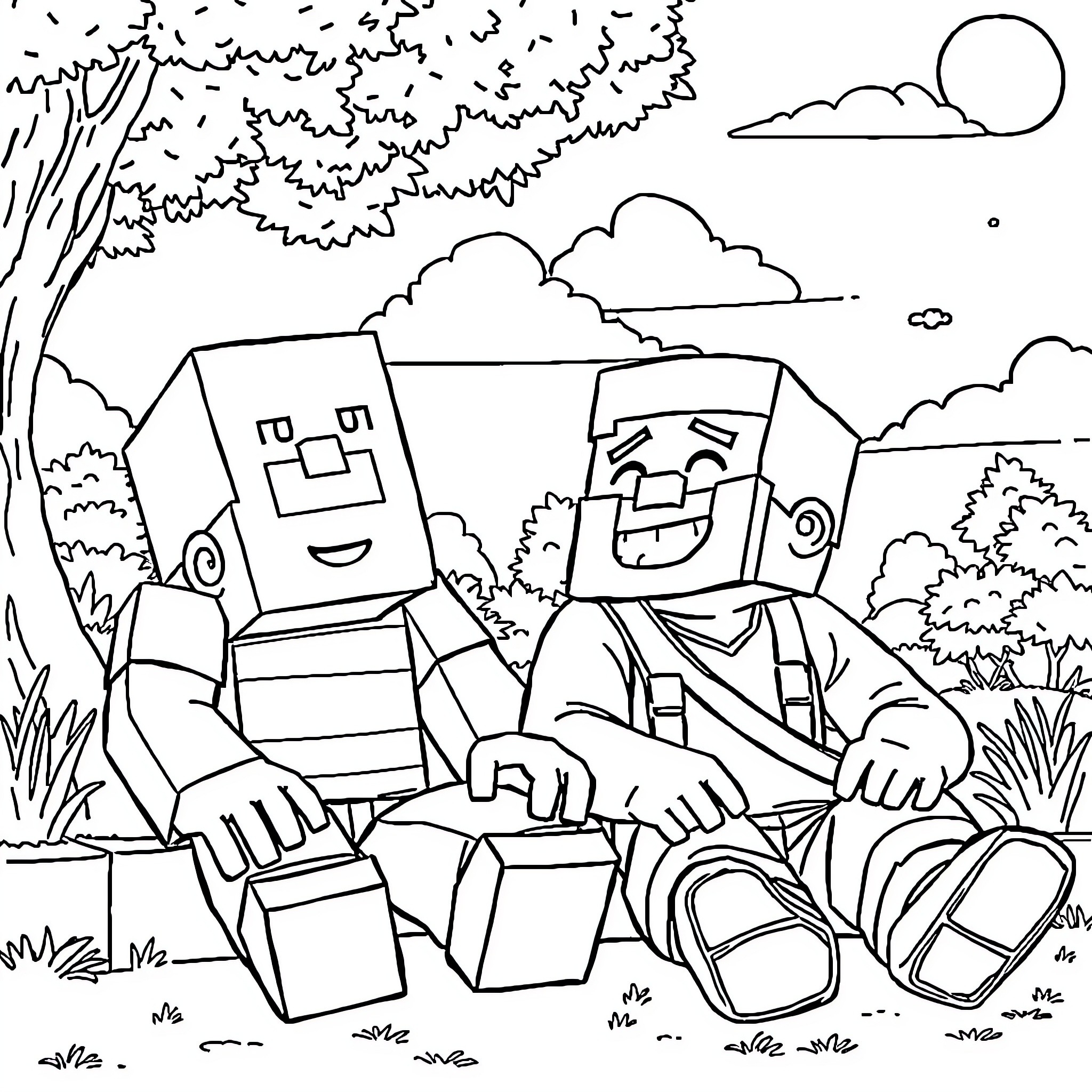 Steve and the Cardboard Adventure Coloring Page (free black-and-white line drawing printable PDF for all, from beginners to advanced learners, including children, teens, adults, and seniors)