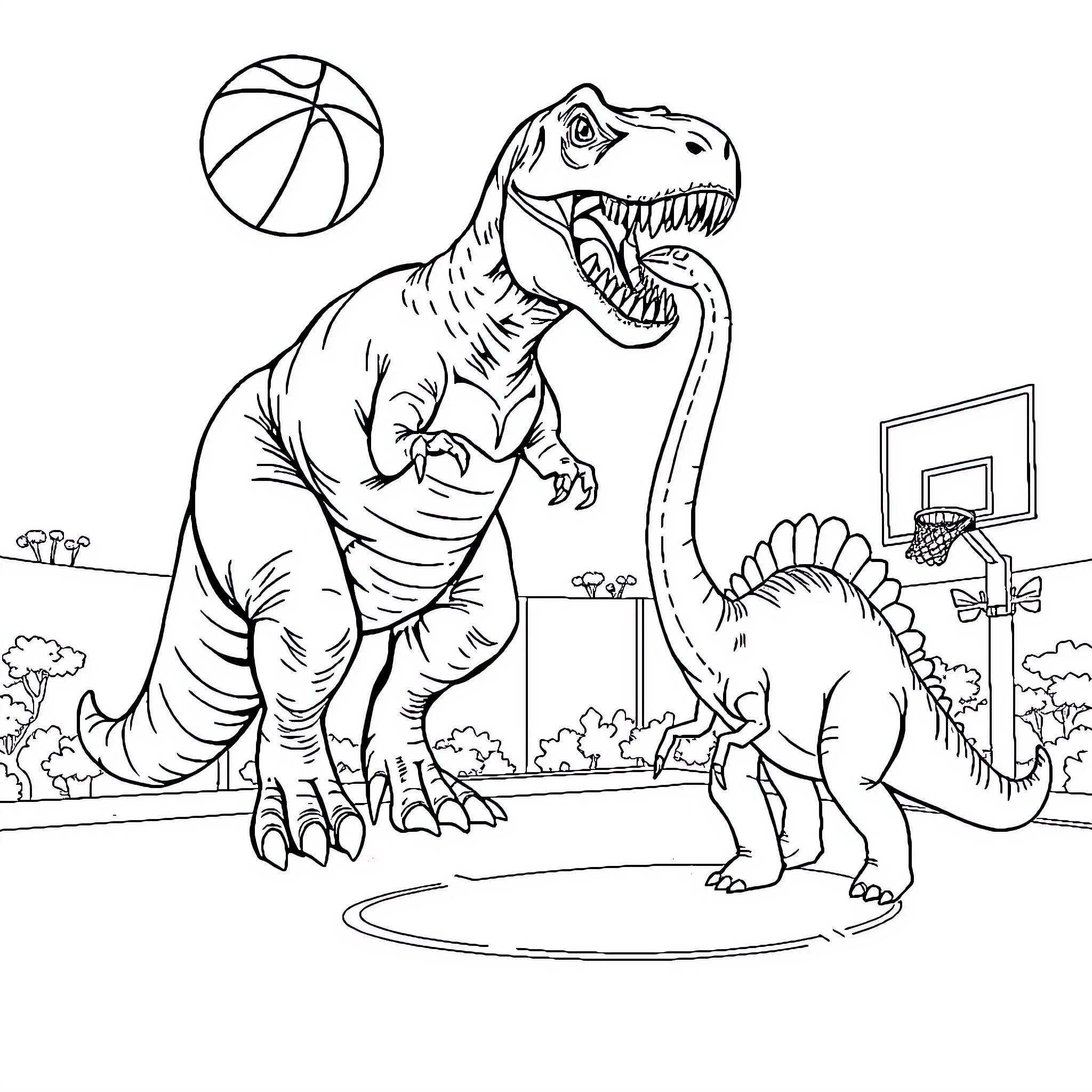 T-Rex playing basketball with dinosaur friend Coloring Page (free black-and-white line drawing printable PDF for all, from beginners to advanced learners, including children, teens, adults, and seniors)