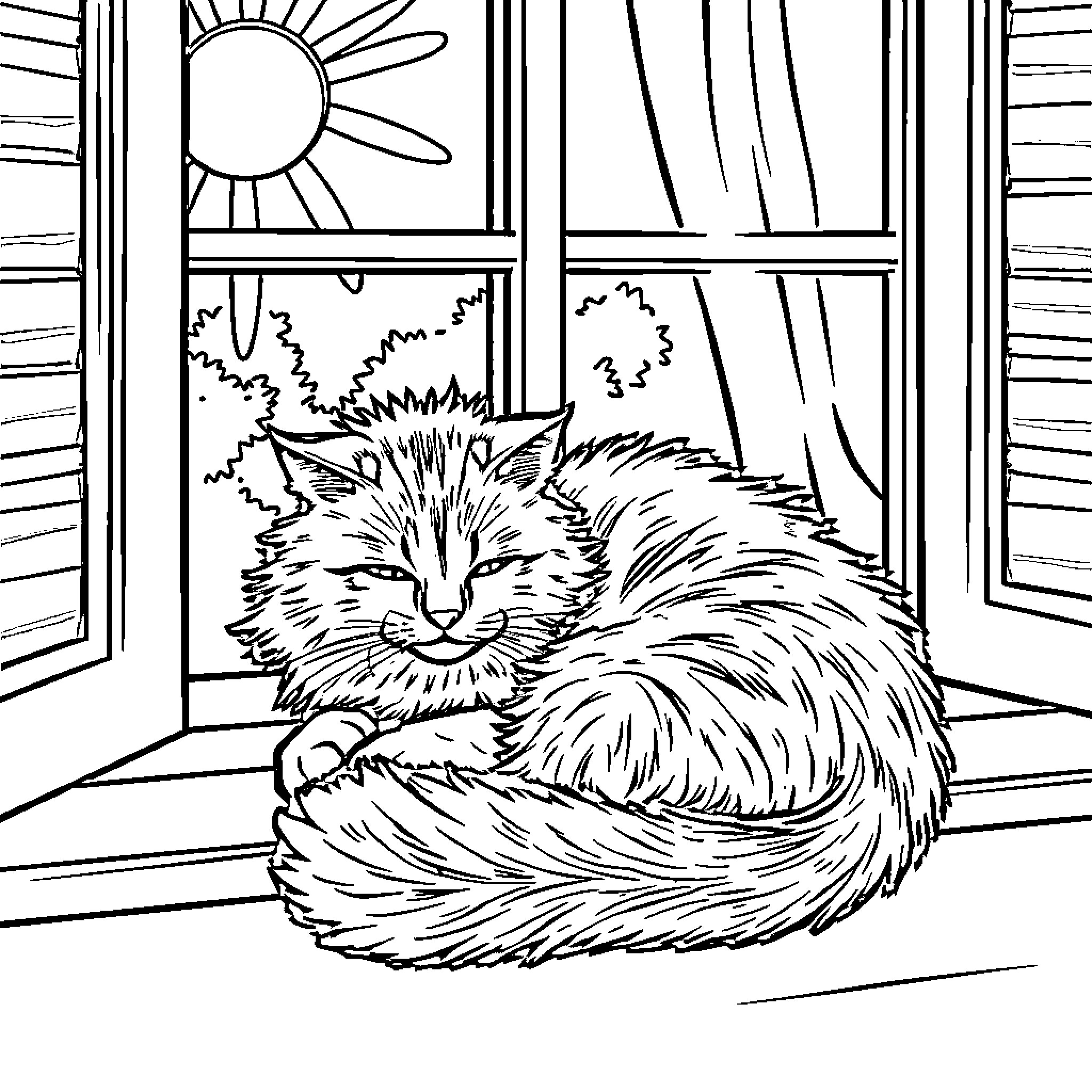 Cat resting peacefully by the window Coloring Page (free black-and-white line drawing printable PDF for all, from beginners to advanced learners, including children, teens, adults, and seniors)