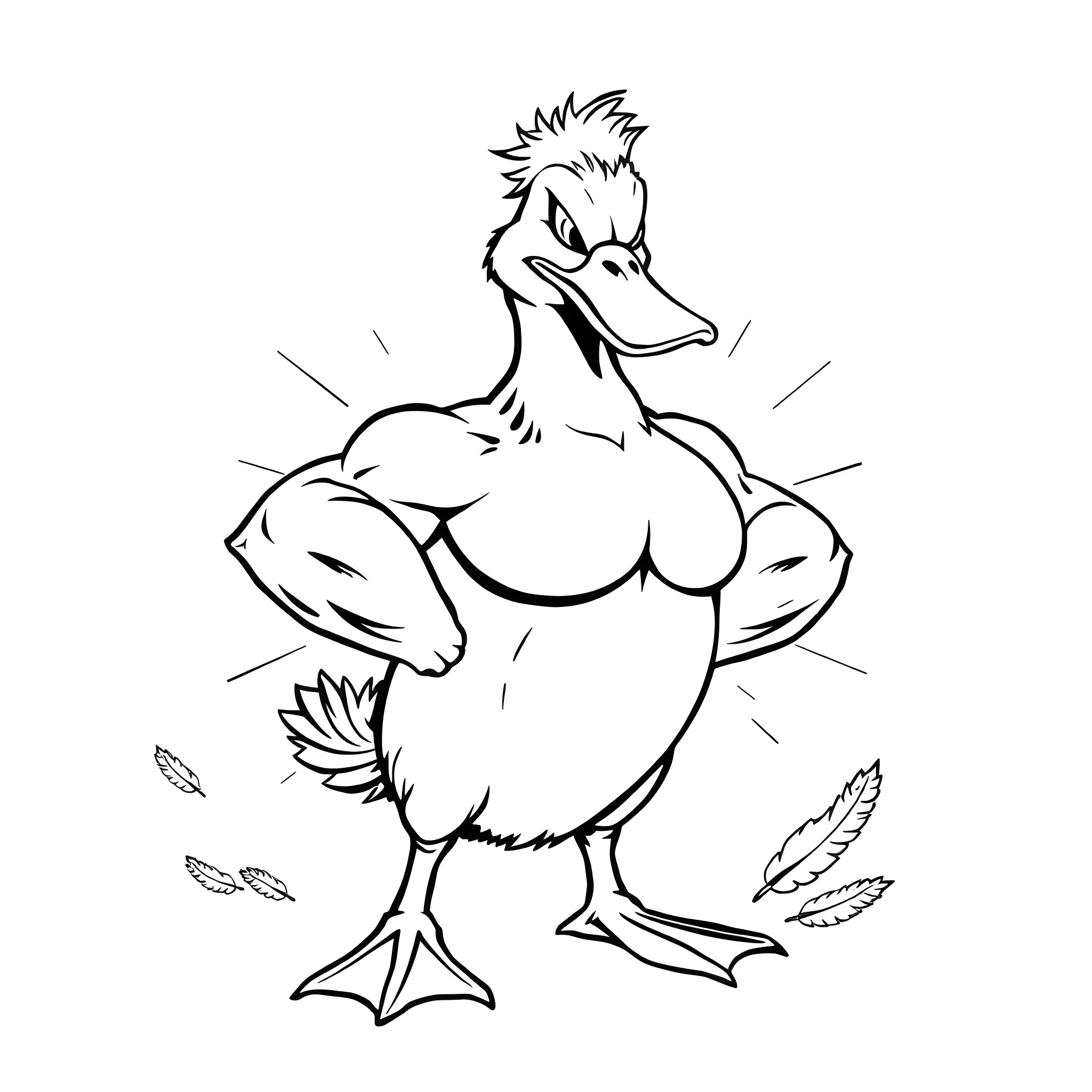 Duck flexing muscles in a confident pose Coloring Page (free black-and-white line drawing printable PDF for all, from beginners to advanced learners, including children, teens, adults, and seniors)