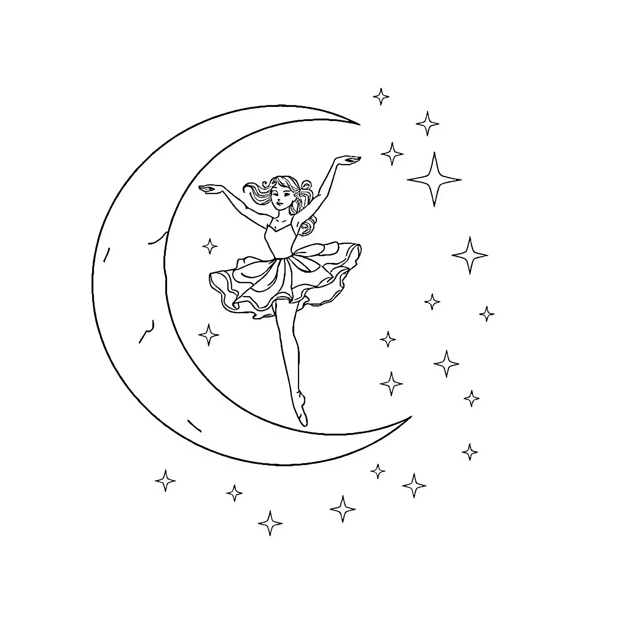 Ballerina dancing gracefully on crescent moon Coloring Page (free black-and-white line drawing printable PDF for all, from beginners to advanced learners, including children, teens, adults, and seniors)