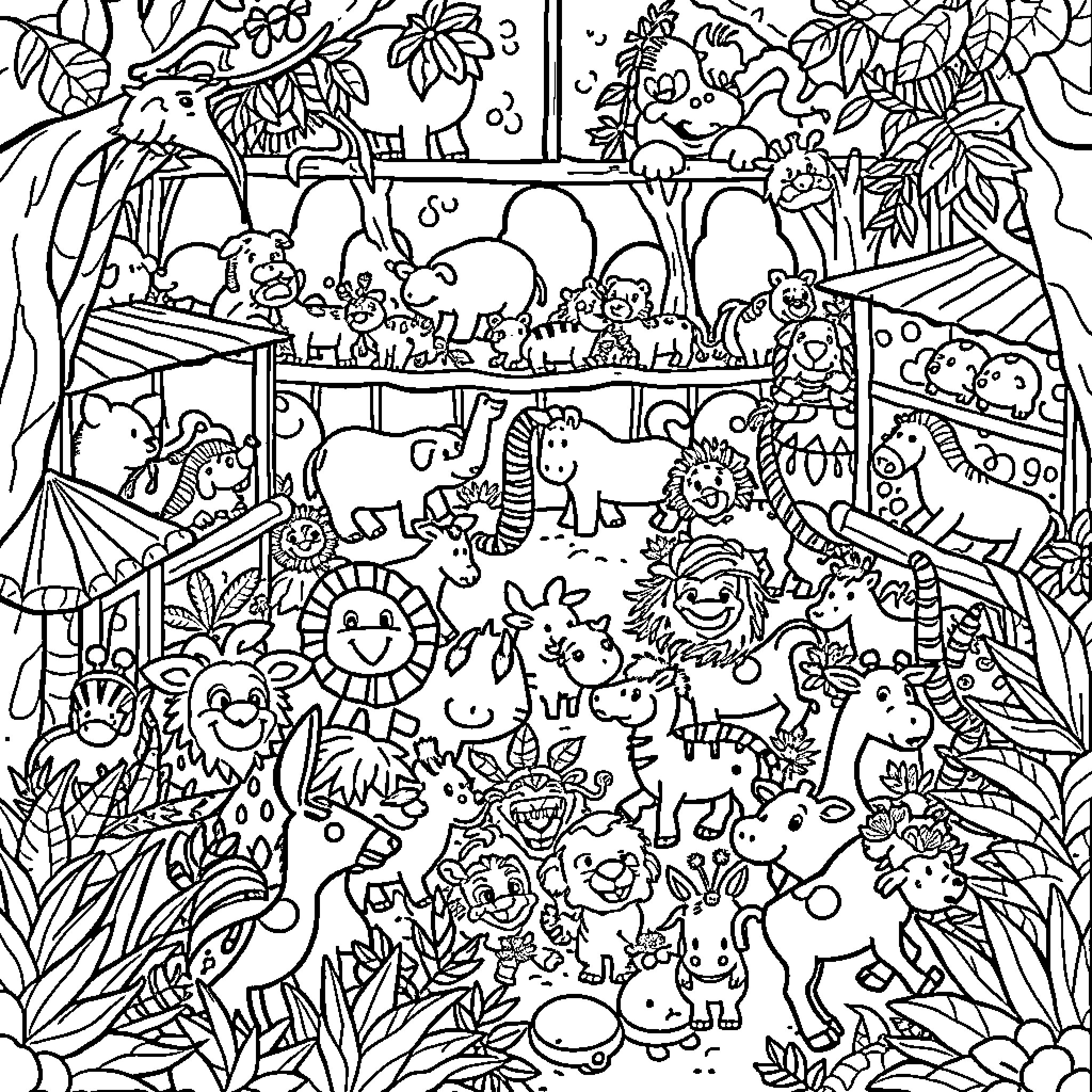 Animal Characters Enjoying Playful Scene Coloring Page (free black-and-white line drawing printable PDF for all, from beginners to advanced learners, including children, teens, adults, and seniors)