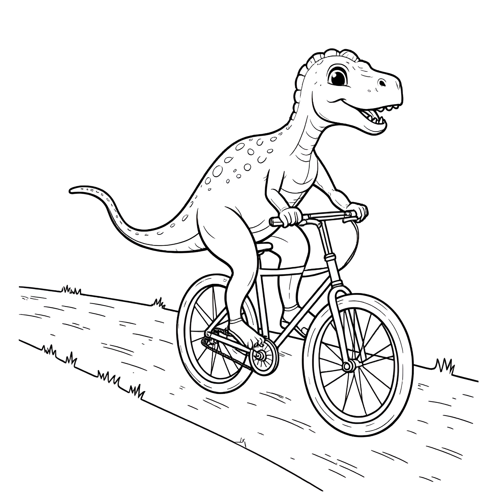 Dinosaur riding a bicycle on a path Coloring Page (free black-and-white line drawing printable PDF for all, from beginners to advanced learners, including children, teens, adults, and seniors)
