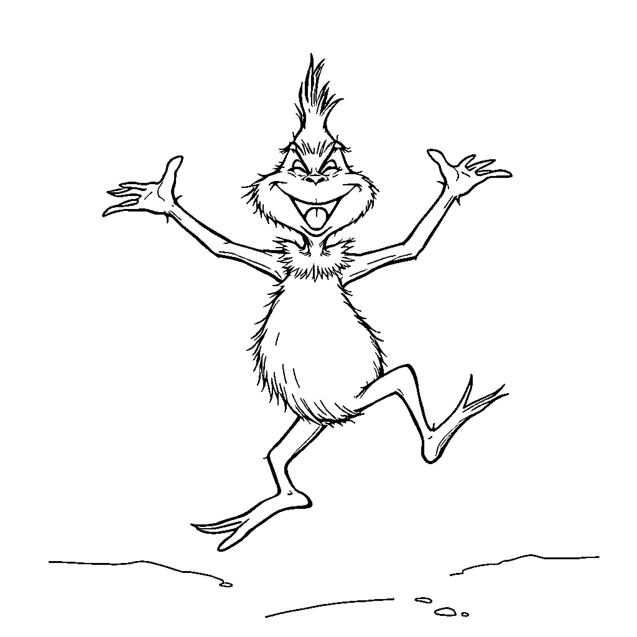 Grinch jumping excitedly with open arms Coloring Page (free black-and-white line drawing printable PDF for all, from beginners to advanced learners, including children, teens, adults, and seniors)