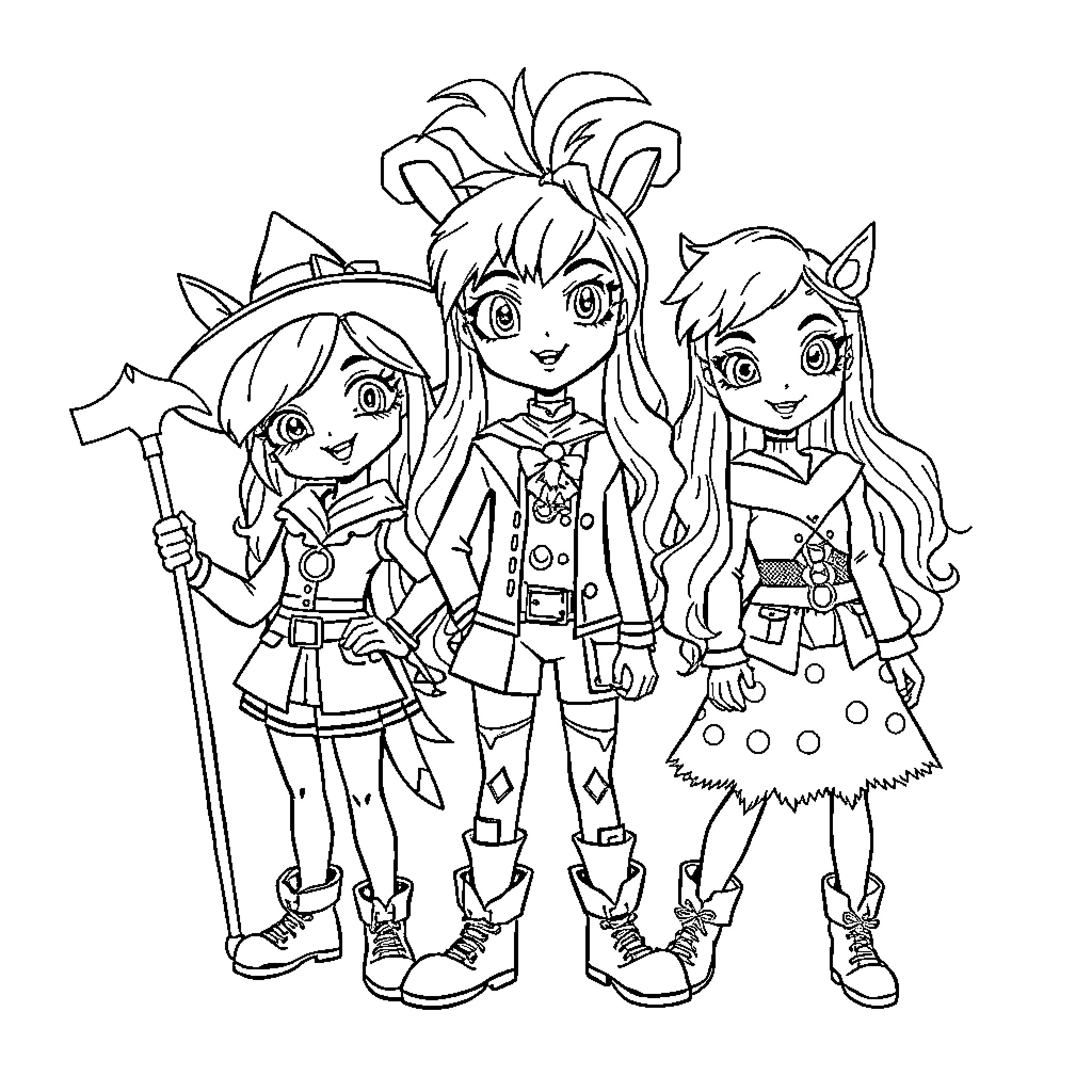 Huntrix Characters in Adventurous Poses Coloring Page (free black-and-white line drawing printable PDF for all, from beginners to advanced learners, including children, teens, adults, and seniors)