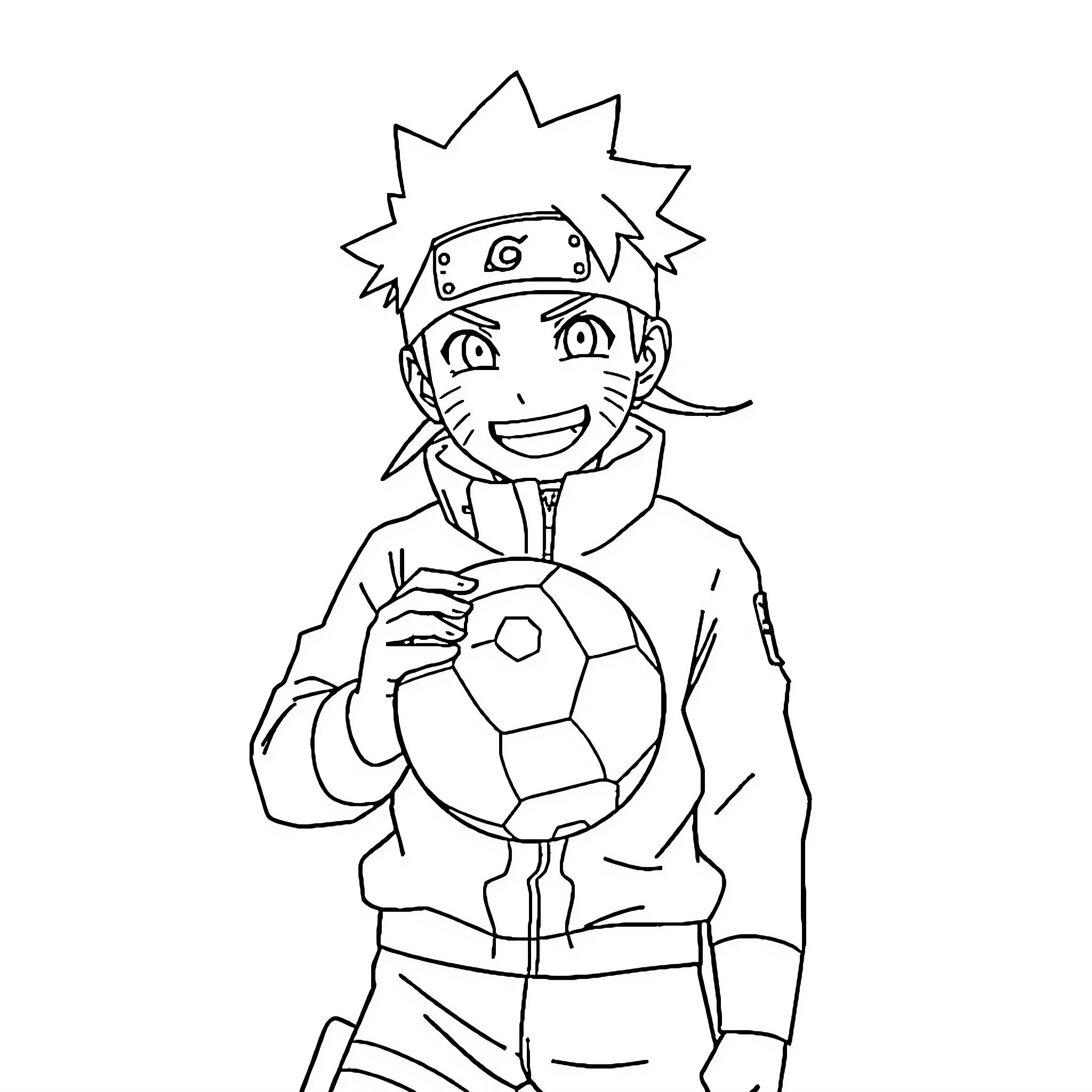 Naruto Holding Soccer Ball Cheerfully Coloring Page (free black-and-white line drawing printable PDF for all, from beginners to advanced learners, including children, teens, adults, and seniors)