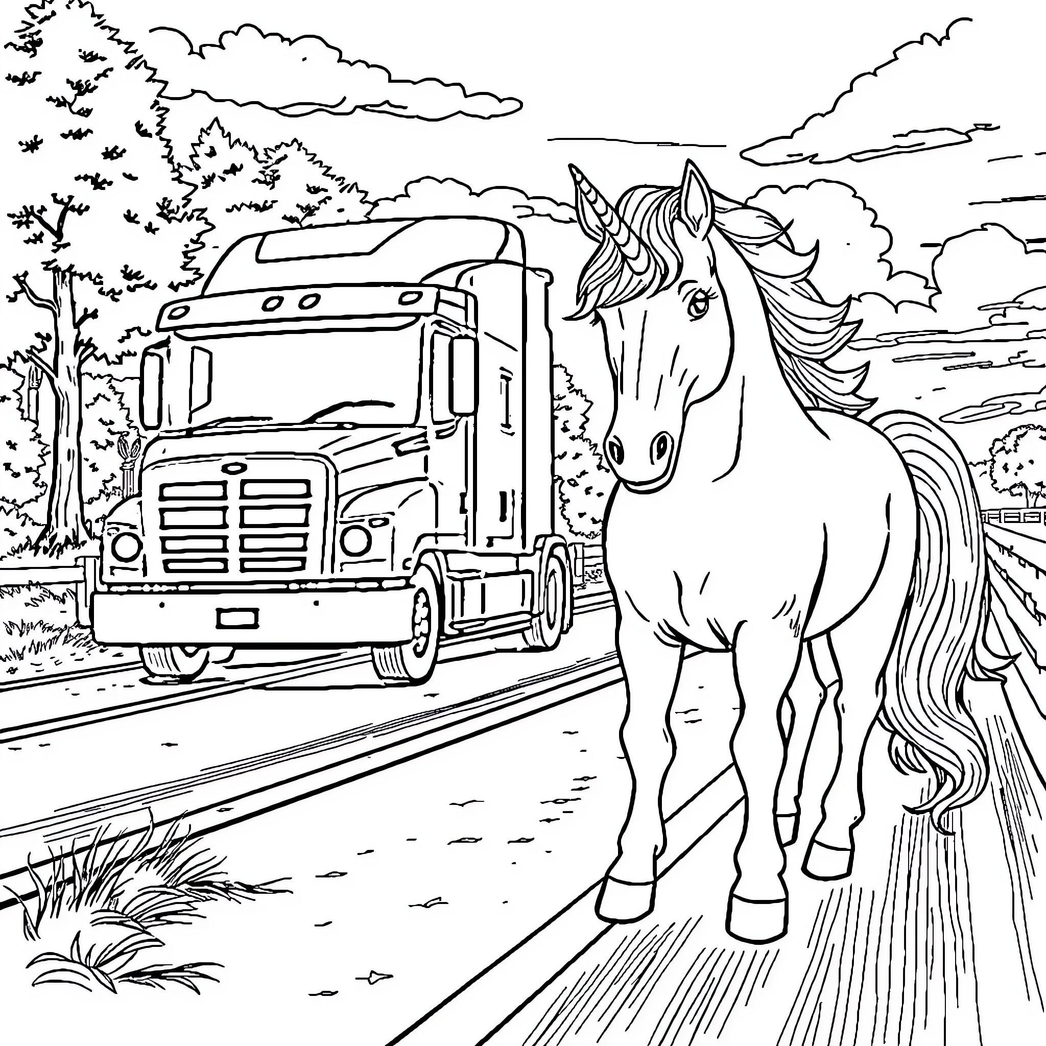 Unicorn standing on the road near a truck Coloring Page (free black-and-white line drawing printable PDF for all, from beginners to advanced learners, including children, teens, adults, and seniors)