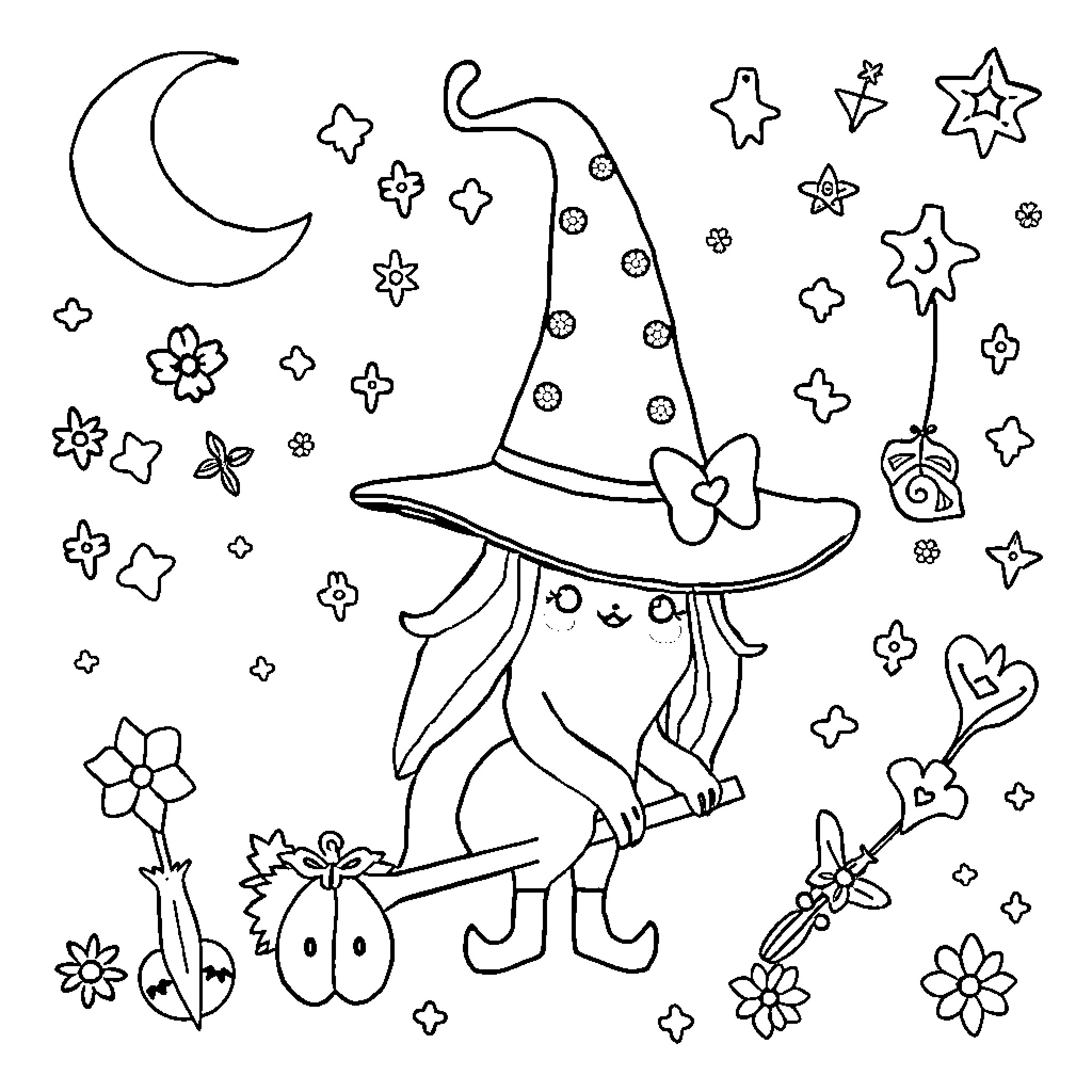 Witch dancing with magical stars and flowers Coloring Page (free black-and-white line drawing printable PDF for all, from beginners to advanced learners, including children, teens, adults, and seniors)
