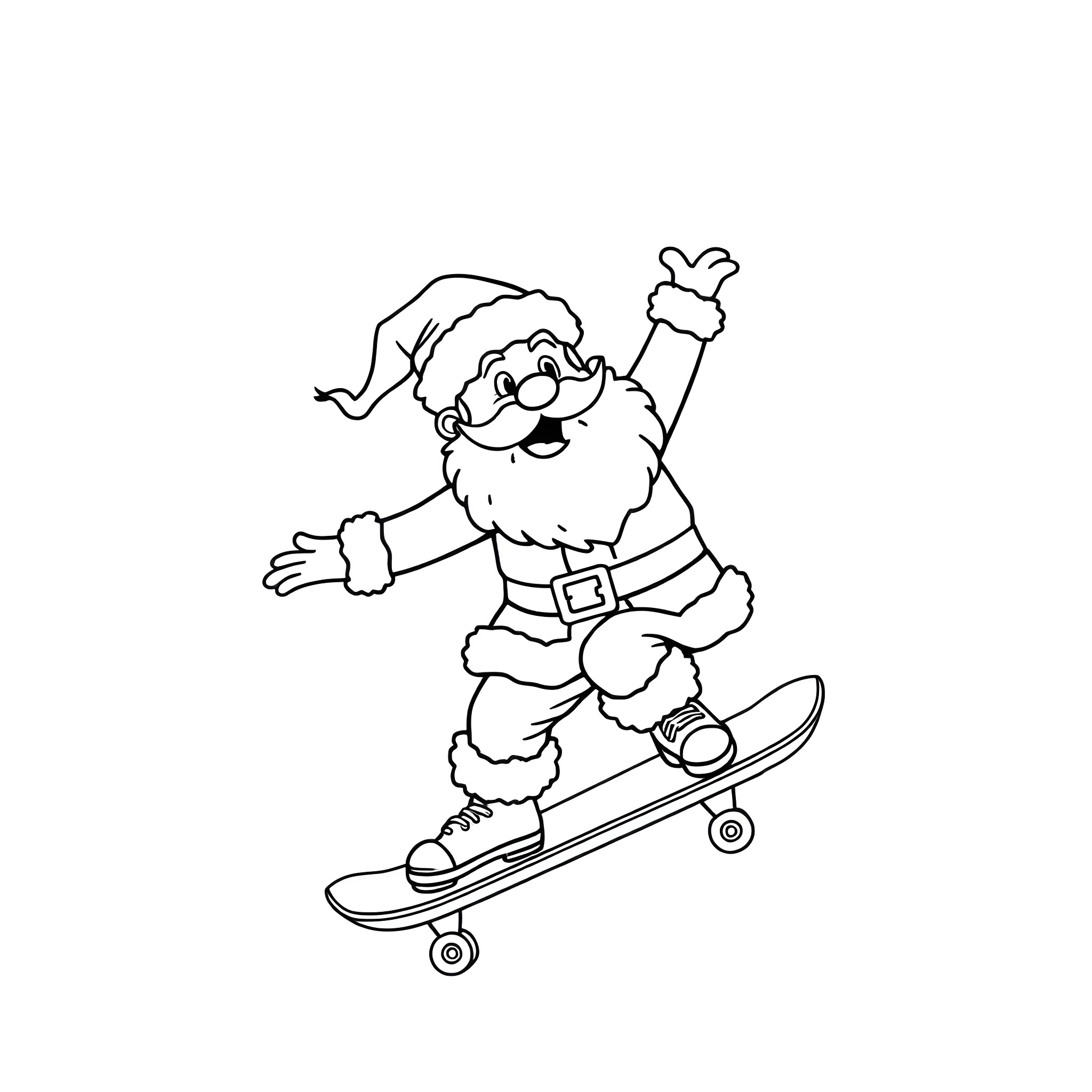Santa riding on a skateboard Coloring Page (free black-and-white line drawing printable PDF for all, from beginners to advanced learners, including children, teens, adults, and seniors)