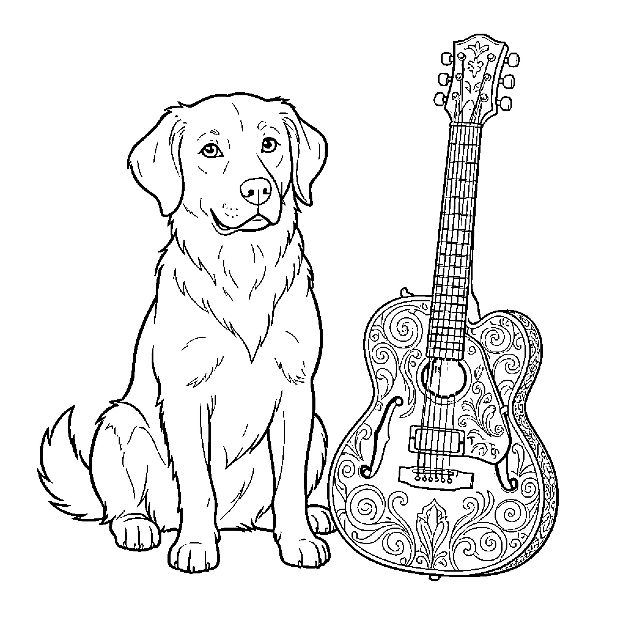 Dog sitting next to ornate guitar Coloring Page (free black-and-white line drawing printable PDF for all, from beginners to advanced learners, including children, teens, adults, and seniors)