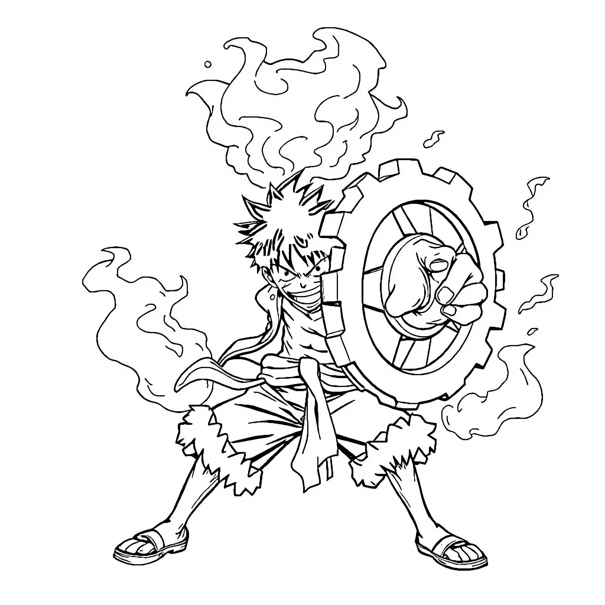 Monkey warrior wielding mechanical gear weapon Coloring Page (free black-and-white line drawing printable PDF for all, from beginners to advanced learners, including children, teens, adults, and seniors)