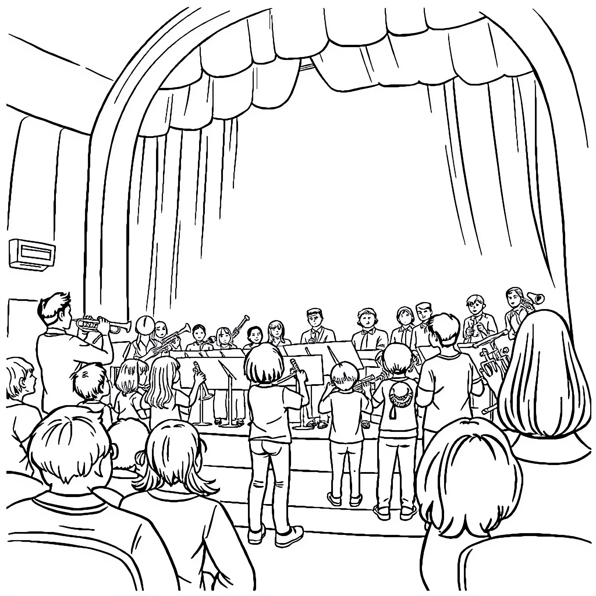 Band performing on stage before audience Coloring Page (free black-and-white line drawing printable PDF for all, from beginners to advanced learners, including children, teens, adults, and seniors)