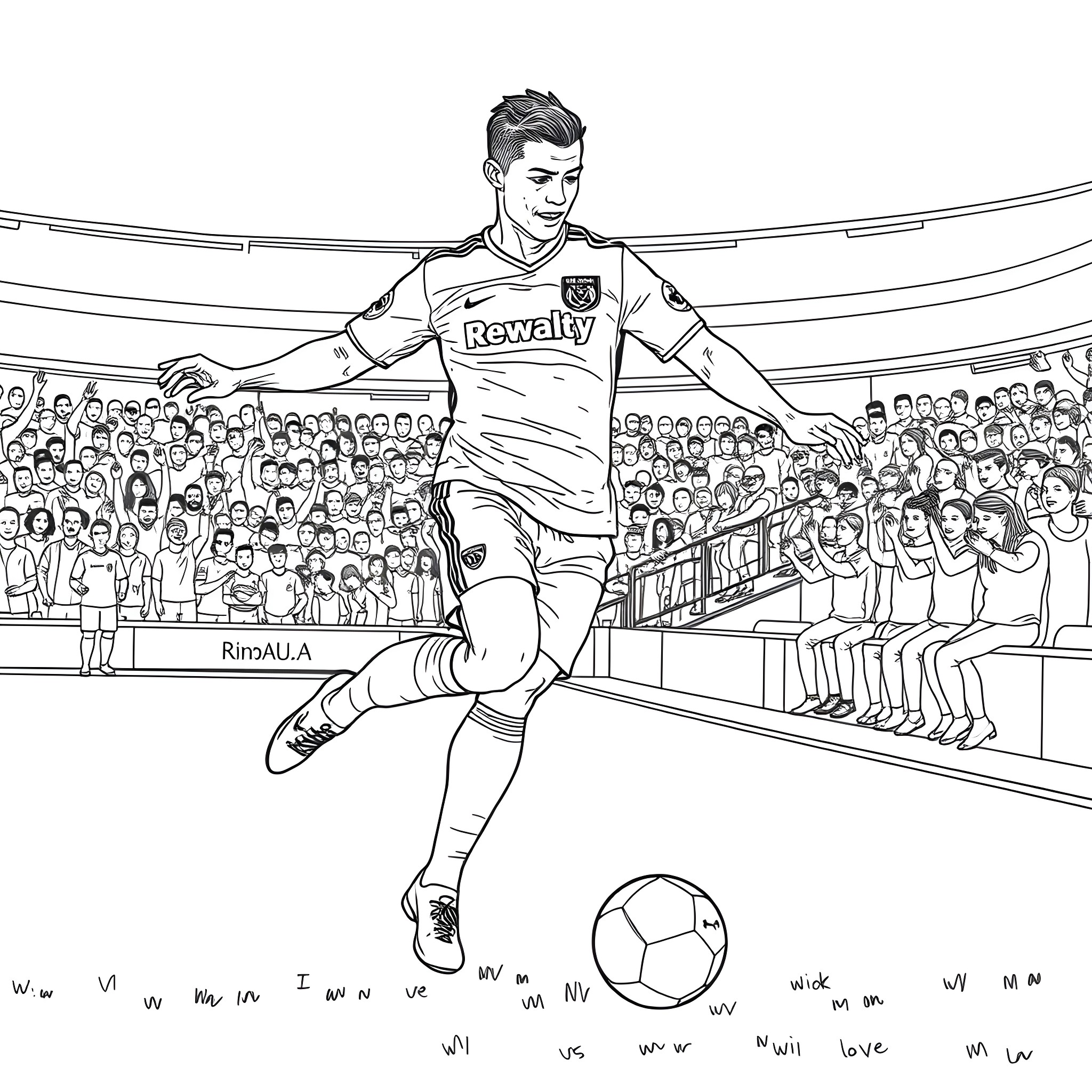 Cristiano Ronaldo performing a soccer trick in front of a crowd Coloring Page (free black-and-white line drawing printable PDF for all, from beginners to advanced learners, including children, teens, adults, and seniors)