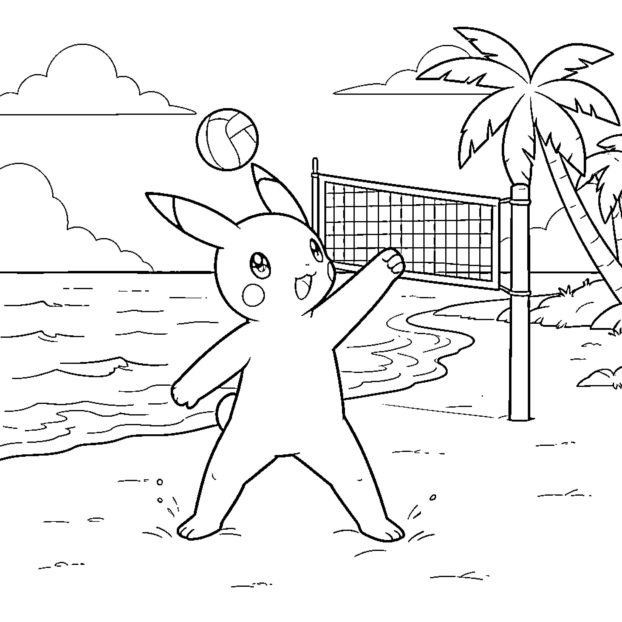 Pokémon playing volleyball on a sunny beach Coloring Page (free black-and-white line drawing printable PDF for all, from beginners to advanced learners, including children, teens, adults, and seniors)