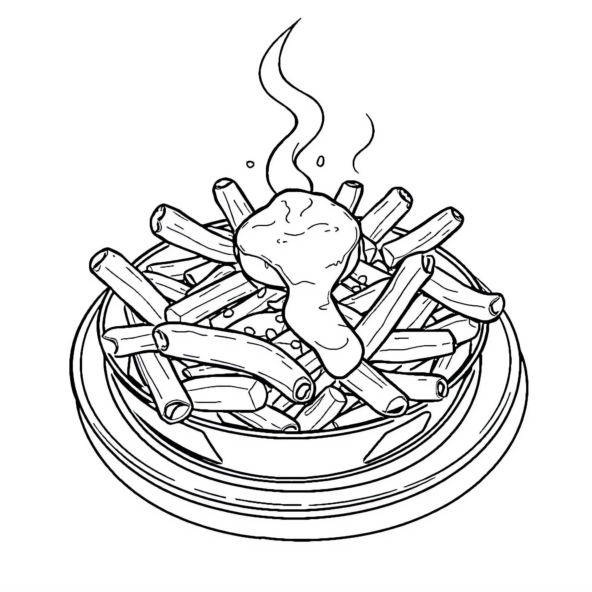 Poutine dish with steaming potatoes and cheese Coloring Page (free black-and-white line drawing printable PDF for all, from beginners to advanced learners, including children, teens, adults, and seniors)