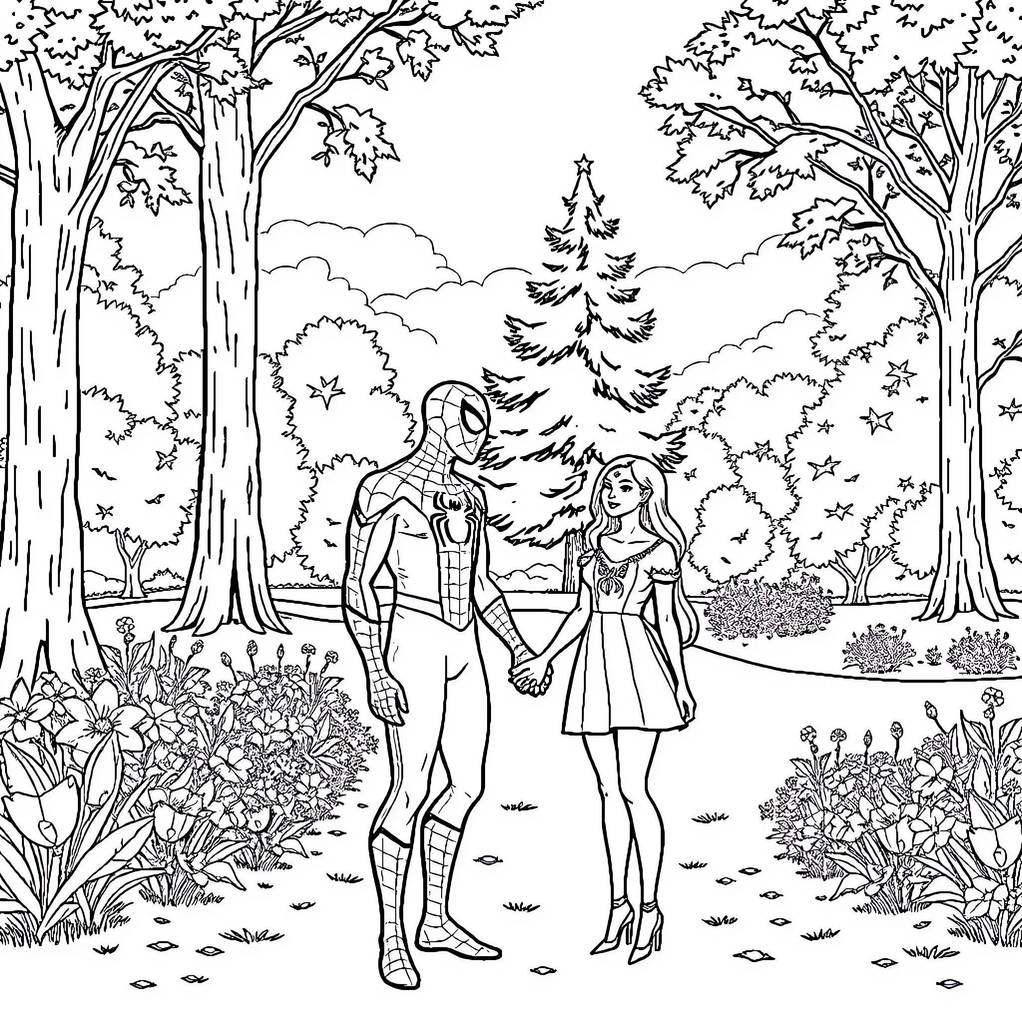 Spiderman and partner in winter wonderland Coloring Page (free black-and-white line drawing printable PDF for all, from beginners to advanced learners, including children, teens, adults, and seniors)
