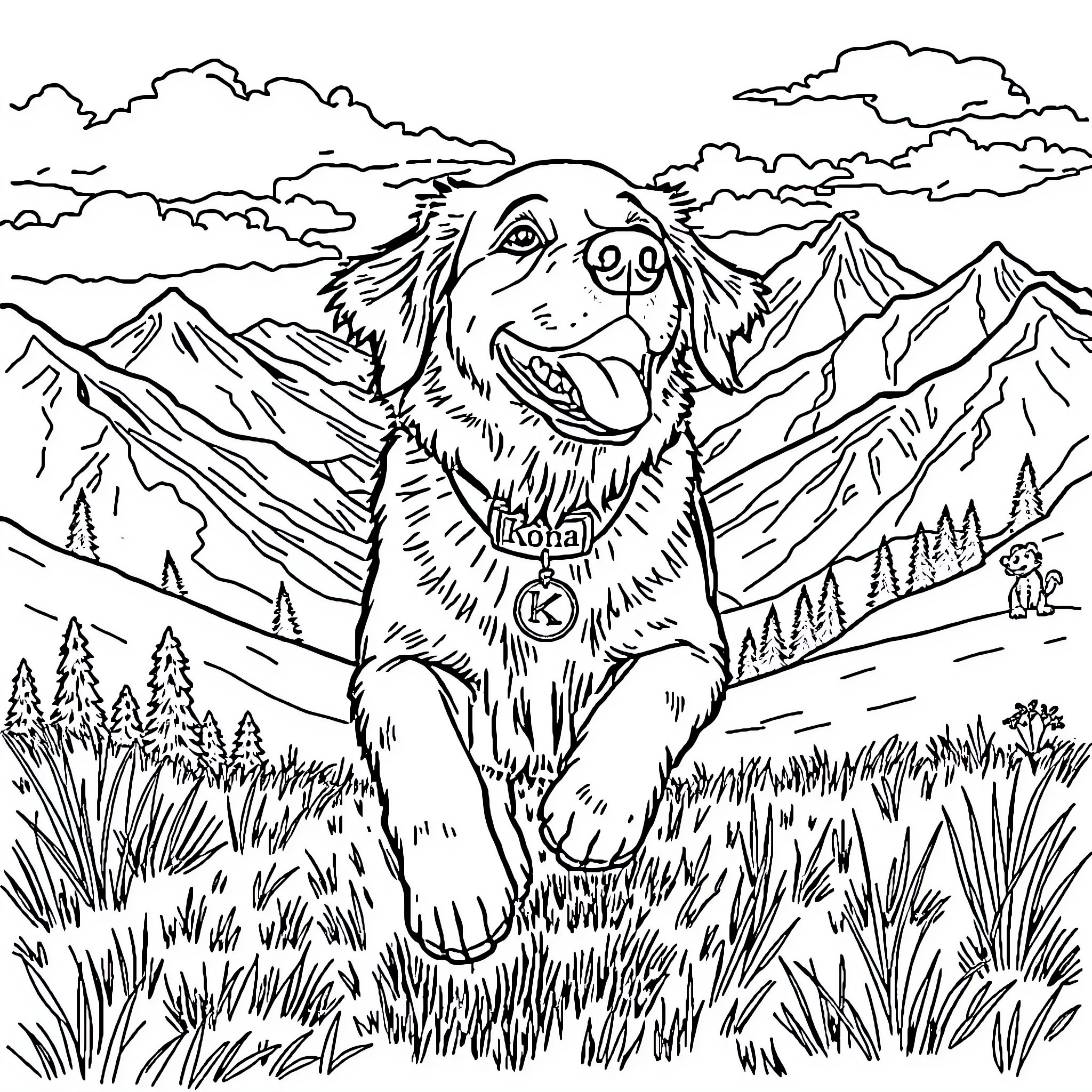 Retriever enjoying nature in the mountains Coloring Page (free black-and-white line drawing printable PDF for all, from beginners to advanced learners, including children, teens, adults, and seniors)