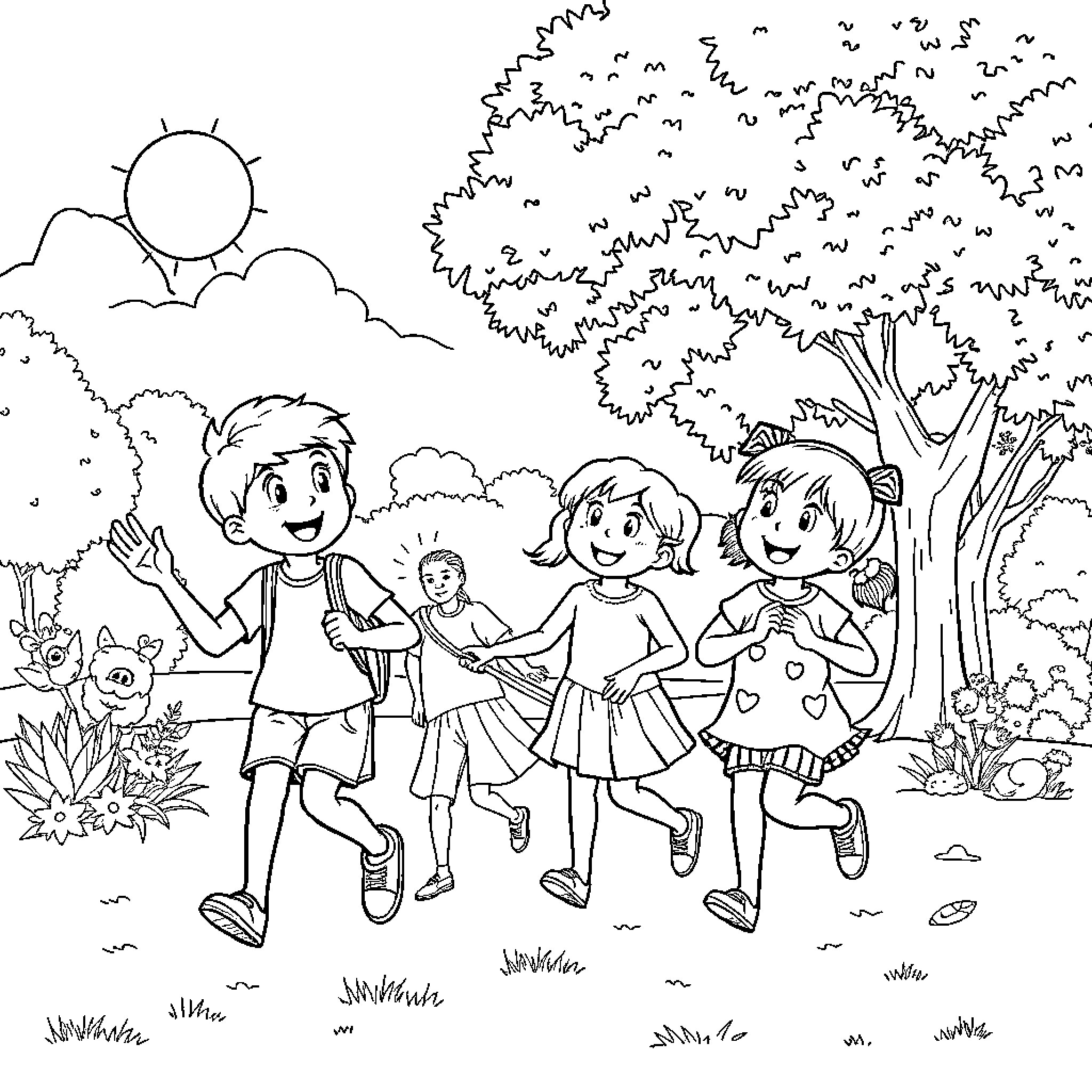 School children playing happily in the park Coloring Page (free black-and-white line drawing printable PDF for all, from beginners to advanced learners, including children, teens, adults, and seniors)
