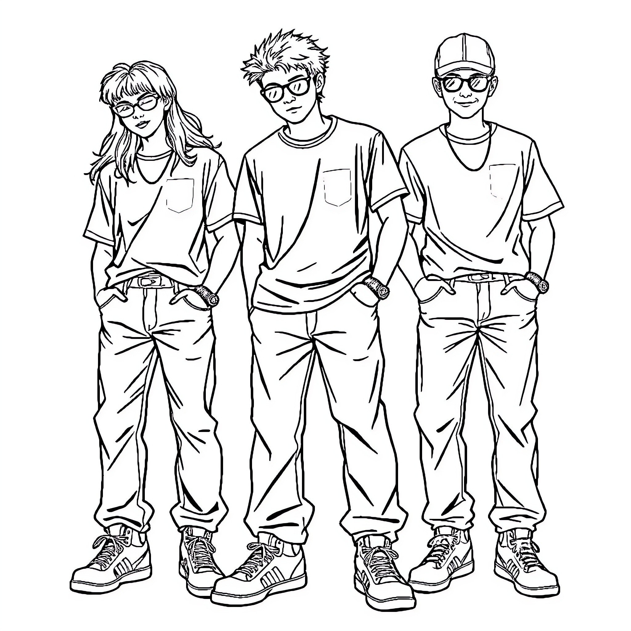 90s Teenagers in Casual Outfits and Eyewear Coloring Page (free black-and-white line drawing printable PDF for all, from beginners to advanced learners, including children, teens, adults, and seniors)